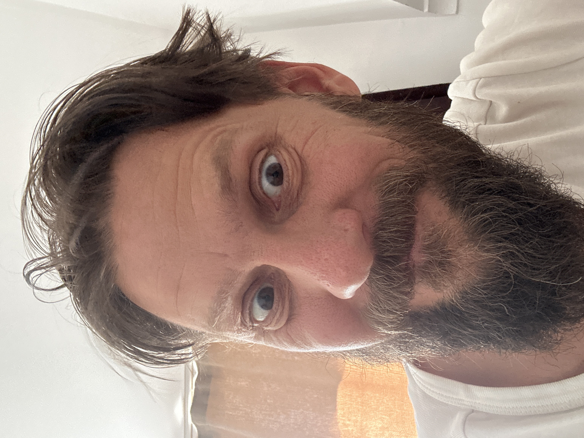 A close-up, slightly tilted portrait shot of a man with brown hair and a beard. He is wearing a white shirt. The background shows a light-colored wall and some warm, diffused light. There is no information to identify the location as Fethiye, Turkey or any specific location.