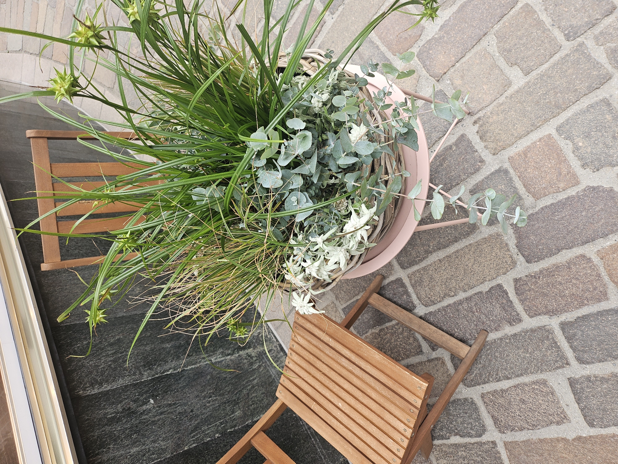 An overhead shot captures a still-life scene featuring a large planter filled with lush green grasses and eucalyptus branches. The planter, a pale pinkish-beige, sits on a cobblestone patio. Beside the planter are two empty wooden chairs, one slightly folded. The patio is made of rectangular cobblestones in various shades of brown and gray, laid in a stretcher bond pattern. To the left of the patio, a dark gray stone surface is visible, possibly a different flooring material or a wall. A sliver of a white frame, perhaps a window or door, is also visible on the far left. The lighting suggests daytime, and the setting appears to be an outdoor patio, possibly in a residential or commercial area. The scene is serene and appears to be set in St. Moritz, Switzerland. There is no visible text.