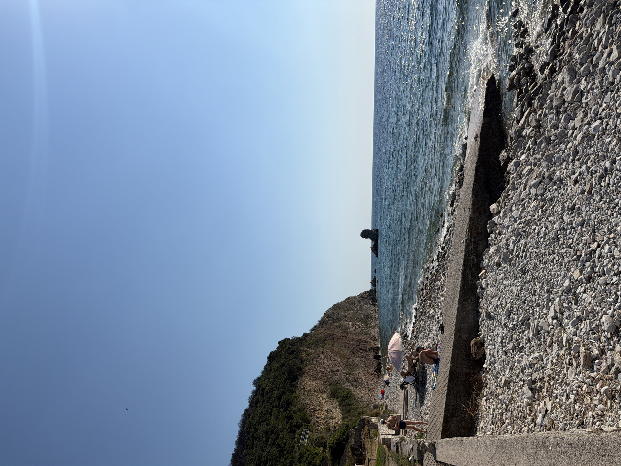 The image depicts a sunny day at a rocky beach in Golubovići, Montenegro. The scene is split between the bright blue sky on the left and the shimmering ocean on the right. A rocky shoreline is visible, with waves gently lapping against it.
Several people are present on the beach, enjoying the weather. Some are sunbathing on chairs, while others are casually lounging on the rocky shore. One person is lying down on a towel, another is sitting in a beach chair under a pink umbrella, and a third is standing, seemingly looking out at the sea. In the foreground, a person is doing a yoga pose on the edge of the beach.
The background features a lush, green, and rocky hillside that slopes down towards the sea, adding a natural element to the coastal scene. The water is clear and reflects the sunlight, creating a sparkling effect. The overall atmosphere appears relaxed and tranquil, suggesting a peaceful day at the beach. The time of day appears to be midday, given the bright sunlight and the shadows cast.