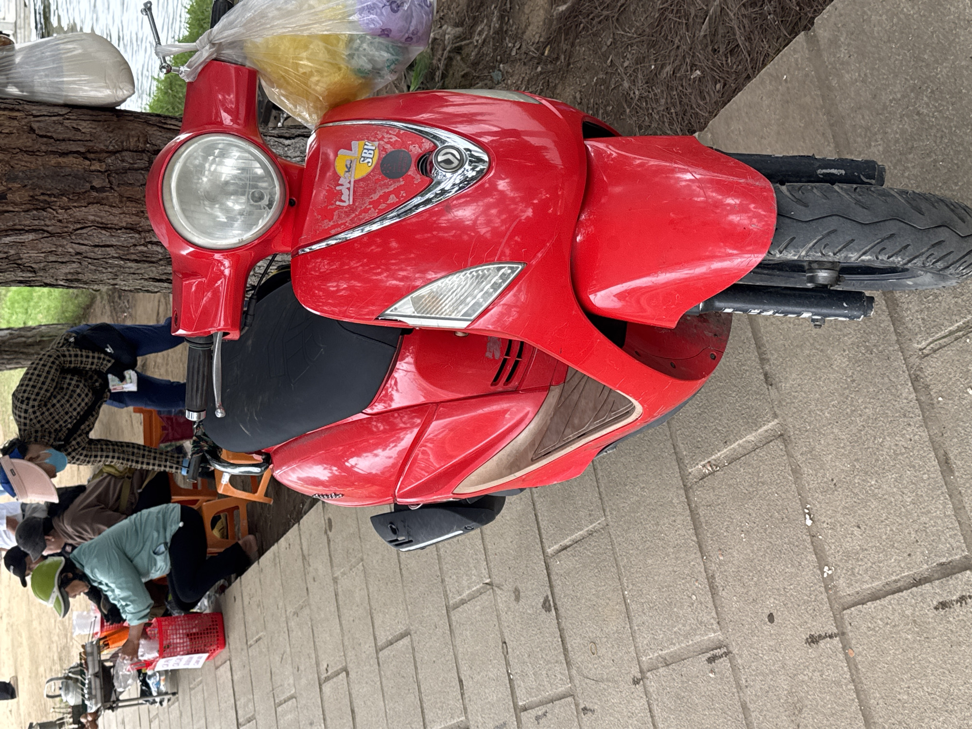 A red scooter is parked on a stone pathway next to a large tree in Da Lat, Vietnam. The scooter's headlight is on, and plastic bags containing items hang from its handlebars. In the background, several people are gathered around a small food stall, some appearing to be customers and others vendors. The environment suggests a bustling outdoor market or roadside establishment, with a body of water visible to the right of the frame.