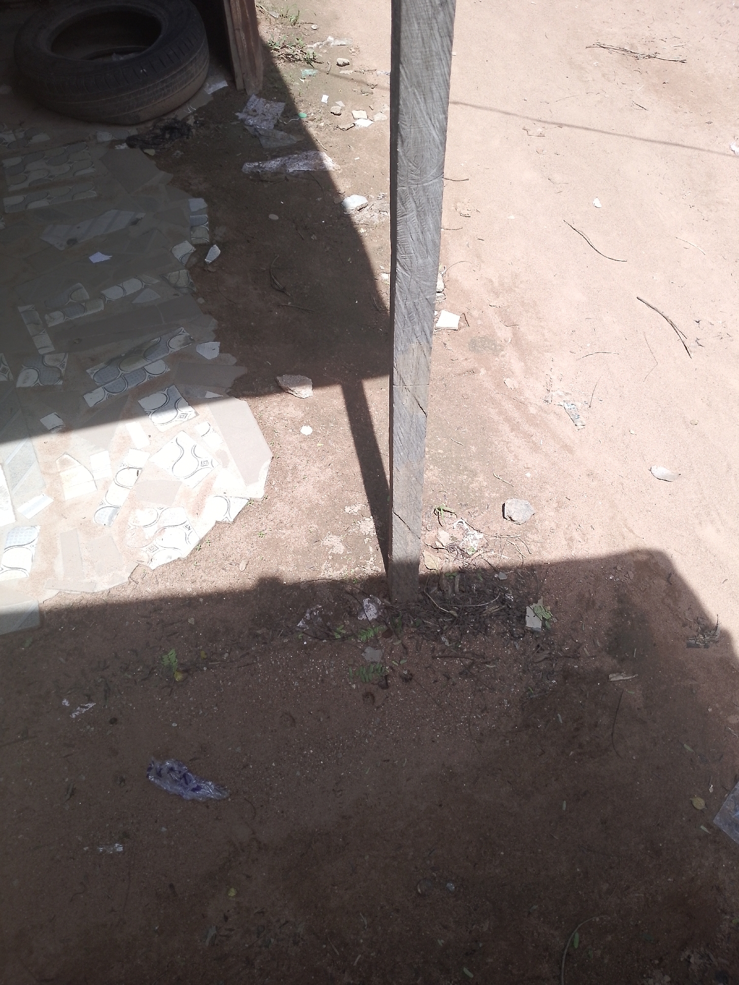 This image depicts an outdoor scene in Jalingo, Nigeria, characterized by a ground surface composed of sandy soil and scattered debris. A weathered wooden post stands vertically, casting a long shadow across the scene. To the left, broken tiles are strewn across the ground, some arranged in a semi-circular pattern. Nearby, a tire lies on its side. The ground is sparsely vegetated with small green plants. Scattered throughout the scene are various pieces of litter, including a crumpled plastic bag. The overall impression is one of a neglected or under-construction outdoor area.