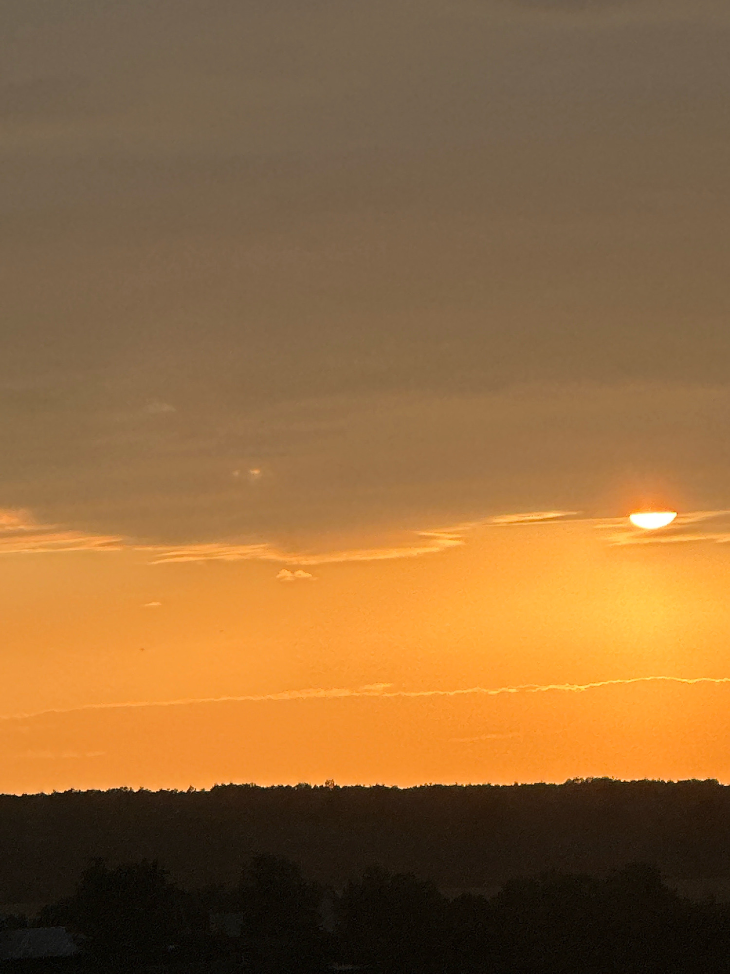 This is a vertical, medium-shot photograph of a sunset over a rural landscape. The sky is a gradient of warm colors, transitioning from a pale tan at the top to a vibrant orange near the horizon. Thin, wispy clouds are scattered throughout the sky. A portion of the sun, appearing as a bright, semicircular disk, is visible just above the horizon, partially obscured by a cloud. The foreground features a dark, silhouetted line of trees and hills, forming a distinct horizon. The very bottom of the image shows the dark shapes of trees and some indistinct structures, possibly houses. The scene appears to be set in Makiv, Ukraine, a location associated with rural, agricultural settings. There are no people or animals visible in the image, nor any active events. The overall impression is one of tranquility and natural beauty at the end of the day.