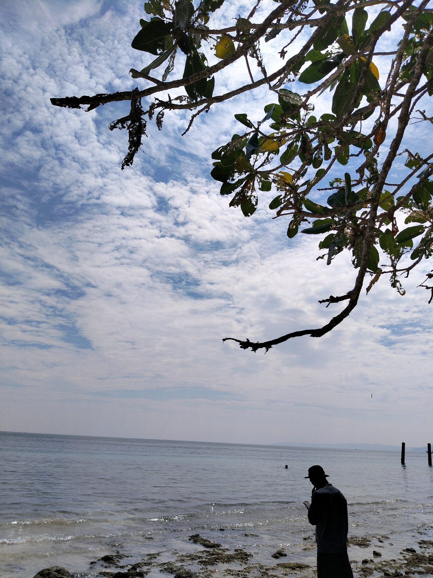 A silhouette of a person wearing a hat stands on a rocky shore, facing the ocean. The person is holding a phone. The ocean is calm, with gentle waves lapping the shore. The sky is blue with scattered clouds. In the distance, there are two wooden posts in the water, possibly part of a pier. The scene appears to be a beach in Biak, Indonesia, offering a serene view of the coastline.