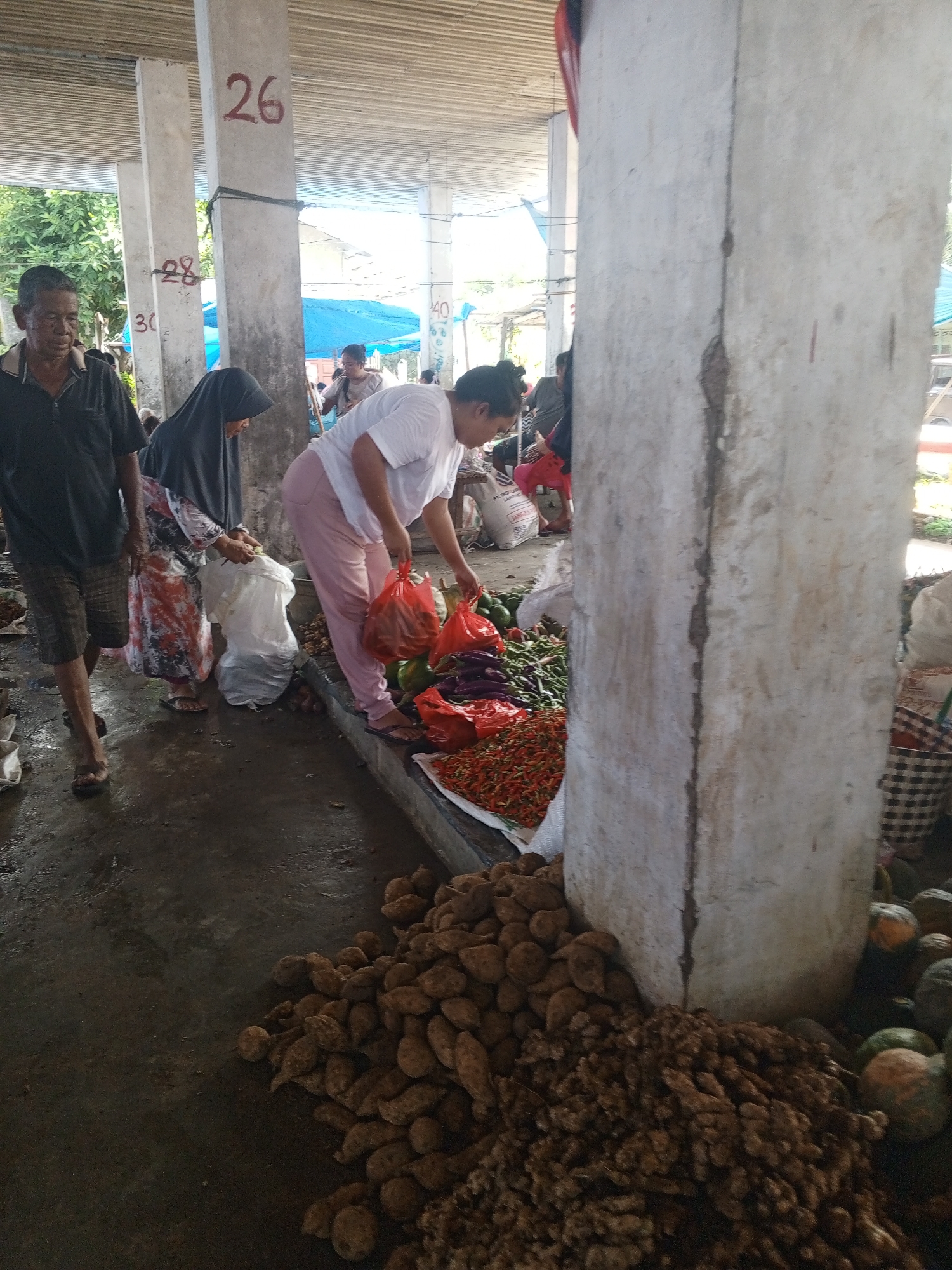 The image depicts an outdoor market scene, likely in Talun Kenas, Indonesia, characterized by a covered area supported by concrete pillars. In the foreground, piles of root vegetables and ginger are visible on the concrete ground. A concrete pillar with the number "26" painted in red stands prominently.
Several individuals are present. On the left, a man wearing a dark short-sleeved shirt and checkered shorts is walking. Next to him, a woman in a black hijab and a patterned dress is holding a white plastic bag, interacting with a person to her right. This person, a woman wearing a white t-shirt and pink pants, is reaching for vegetables in a red plastic bag. Behind them, other individuals and market stalls are partially visible.
The market stall itself displays a variety of fresh produce, including what appears to be chili peppers in red plastic bags, green vegetables, and some red items which could be tomatoes or other fruits. Other market elements like woven baskets and additional produce are also present in the background. The ground surface is wet and appears to be made of concrete. The overall atmosphere suggests a busy, typical day at a local Indonesian market.