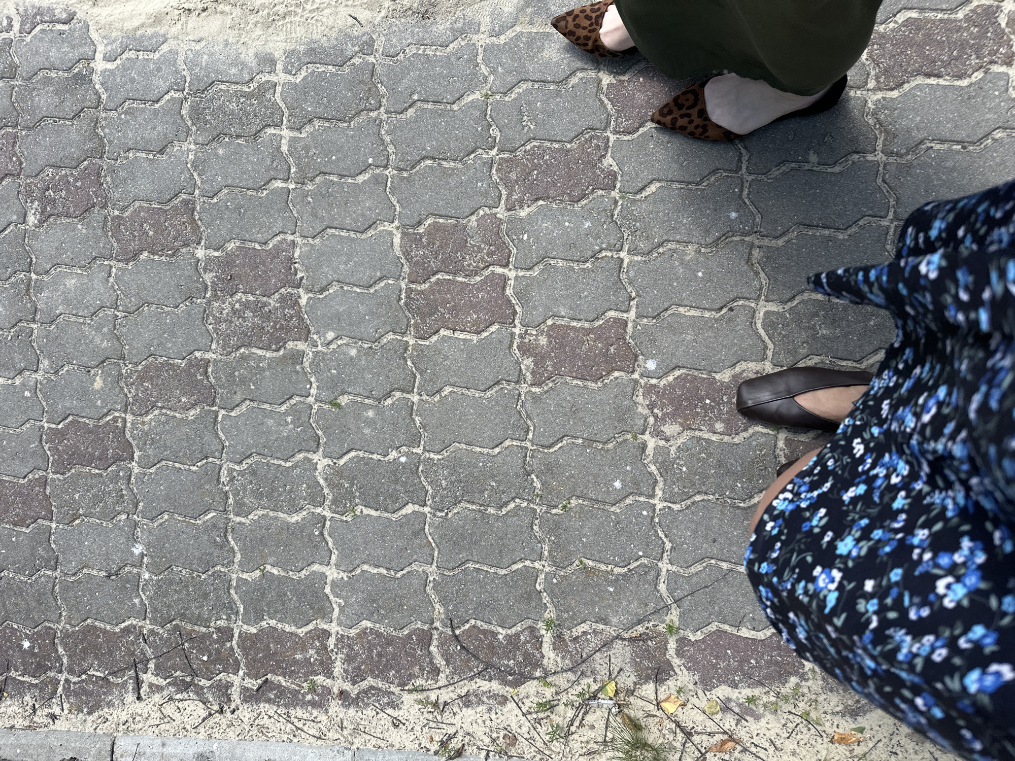 In the city of Duvankul', Russia, this image captures a ground-level view of two individuals standing on a sidewalk paved with interlocking gray and reddish-brown concrete blocks. The sidewalk is partially covered with sand and scattered dry leaves and twigs, suggesting an outdoor environment. To the left, one person wears a dark blue dress with a floral pattern of blue and white flowers and dark, pointed-toe shoes. To the right, another person is visible wearing leopard-print flat shoes and dark green pants. The perspective is from above, looking down at the feet and lower legs of the two individuals. The overall impression is of a casual outdoor setting, possibly a park path or a pedestrian walkway in a less maintained area of the city.