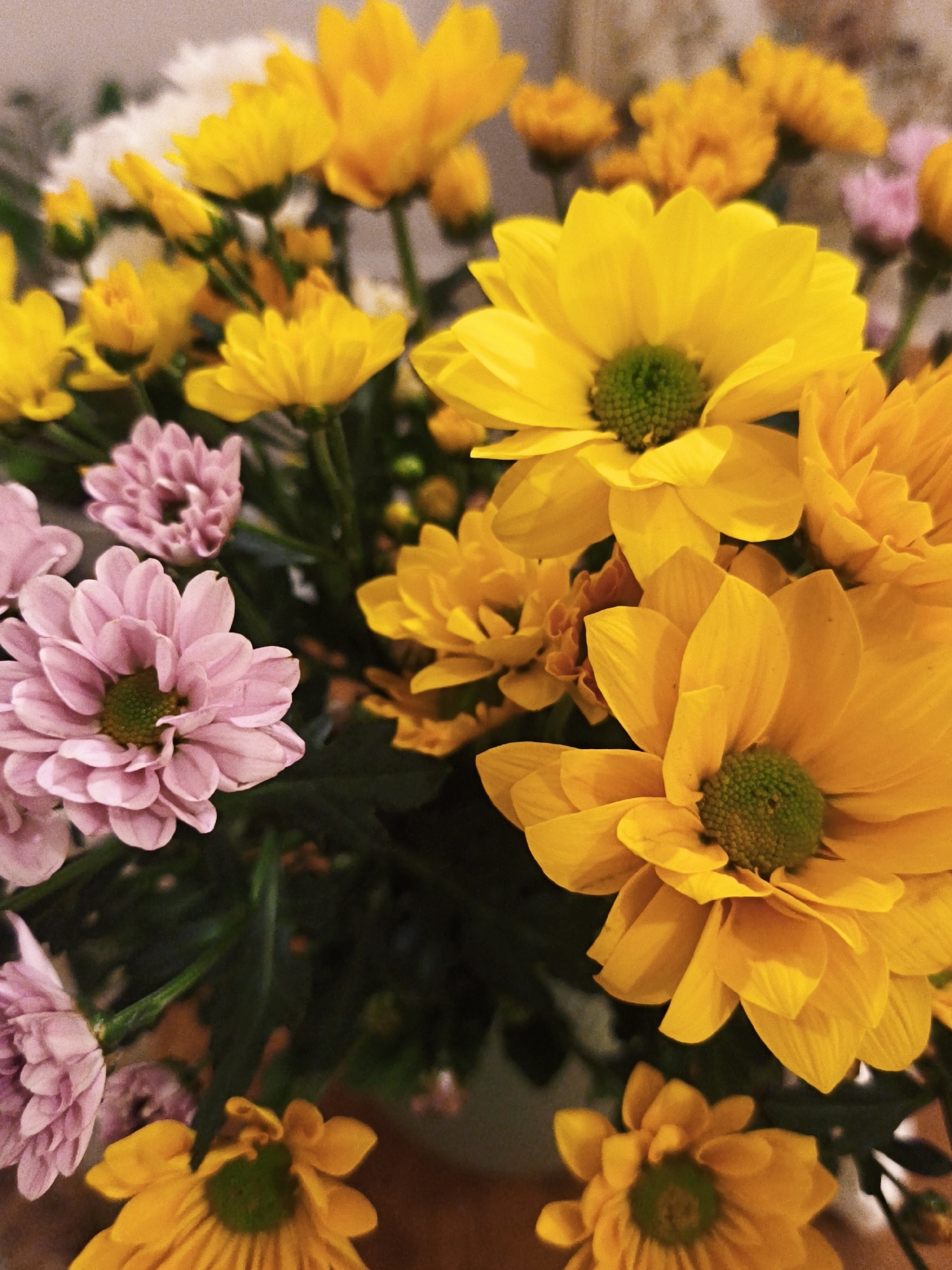 A close-up, vertically oriented shot shows a bouquet of flowers. The flowers are primarily yellow and pink chrysanthemums. Some of the yellow flowers are large and fully bloomed, with bright yellow petals and green centers. Other yellow flowers are smaller and appear to be buds or in earlier stages of bloom. The pink flowers are smaller and clustered together, with delicate, ruffled petals and green centers. The flowers are set against a dark green, out-of-focus background of leaves and stems. The lighting is soft, creating a warm and inviting atmosphere. The image was taken in Nha Trang, Vietnam.