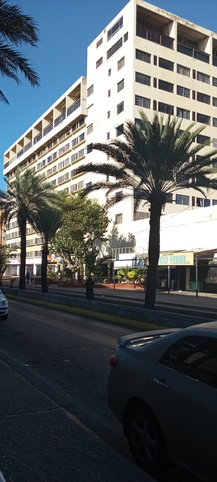 The image shows a street scene in an unidentified city. A large, multi-story, light-colored building dominates the background, with rows of windows and some balconies. Palm trees line the street, with other trees interspersed. A car is parked on the street in the foreground, and another car is visible on the left side of the image. A sign that reads "Inversiones Punto Verde, S.A." is visible in front of one of the buildings. People can be seen walking in the distance. The overall lighting suggests it is daytime, with shadows indicating strong sunlight.