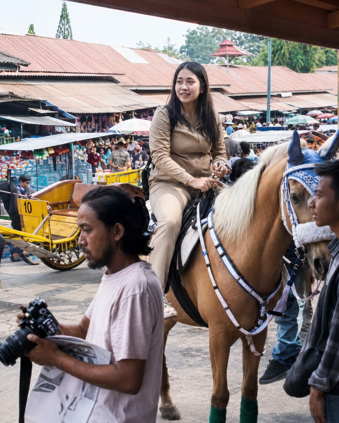 The image depicts a scene in the city of Berastagi, Indonesia, likely at a marketplace given the presence of numerous stalls and crowds in the background. In the foreground, a woman is seated atop a light brown horse, wearing a beige jumpsuit and looking off to her right. The horse is adorned with a blue and white decorative bridle. To the left of the horse, a man with dark hair and a beard is holding a black camera and a folded newspaper. Behind him, a yellow carriage with the number '10' visible on its side is parked. The background shows a bustling marketplace with stalls selling goods, and many people milling about. The overall atmosphere suggests a lively, outdoor commercial area.