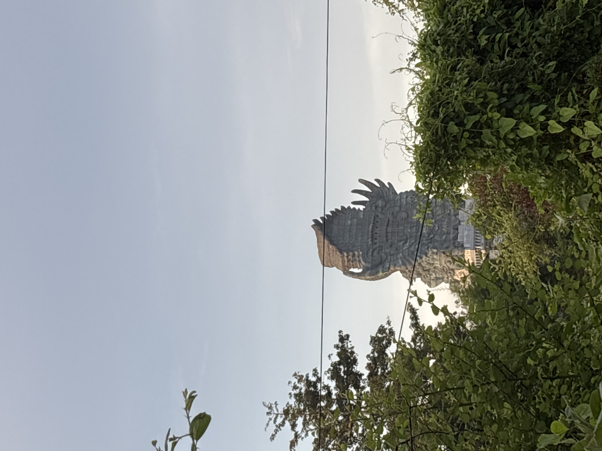 Here's a description of the image:
The image depicts the Garuda Wisnu Kencana statue in Kuta Selatan, Indonesia. The statue appears in the background, partially obscured by trees and foliage in the foreground. The sky is visible as a light gray backdrop. A power line runs vertically across the frame. The image is oriented vertically.