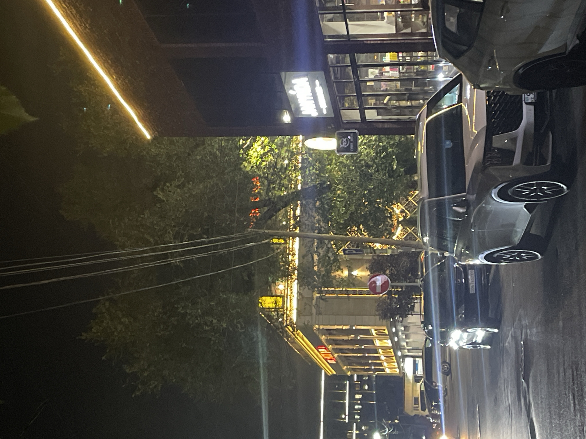 In Almaty, Kazakhstan, at night, a street scene features parked vehicles and illuminated buildings. A modern, white SUV with a distinctive grille is prominently parked in the foreground, with another vehicle to its right. Behind these, a dark SUV is also parked. Further back, a large, multi-story building is adorned with golden lights along its facade and roofline, suggesting a commercial establishment or hotel. Across the street, another building has a horizontal yellow light strip along its upper edge. A large tree with lush foliage is visible between the buildings, its leaves illuminated by the artificial lights. A street sign with a red circle and a diagonal bar, indicating "no entry," is also present. The overall impression is a well-lit urban environment at night.