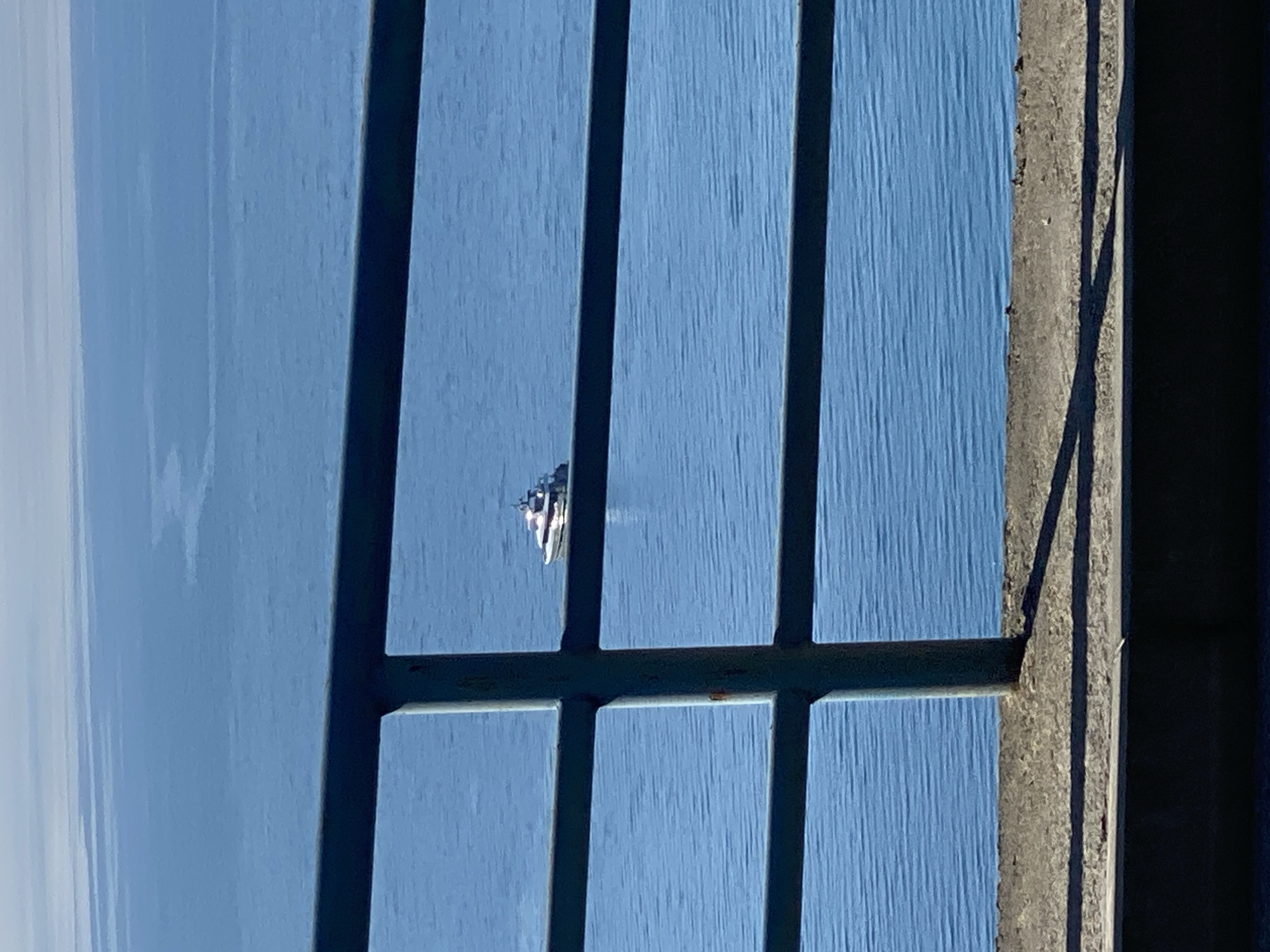 The image shows a view of the sea through a metal railing. A boat is visible in the distance. The railing is attached to a concrete structure. The scene is in Prijevor, Montenegro.
