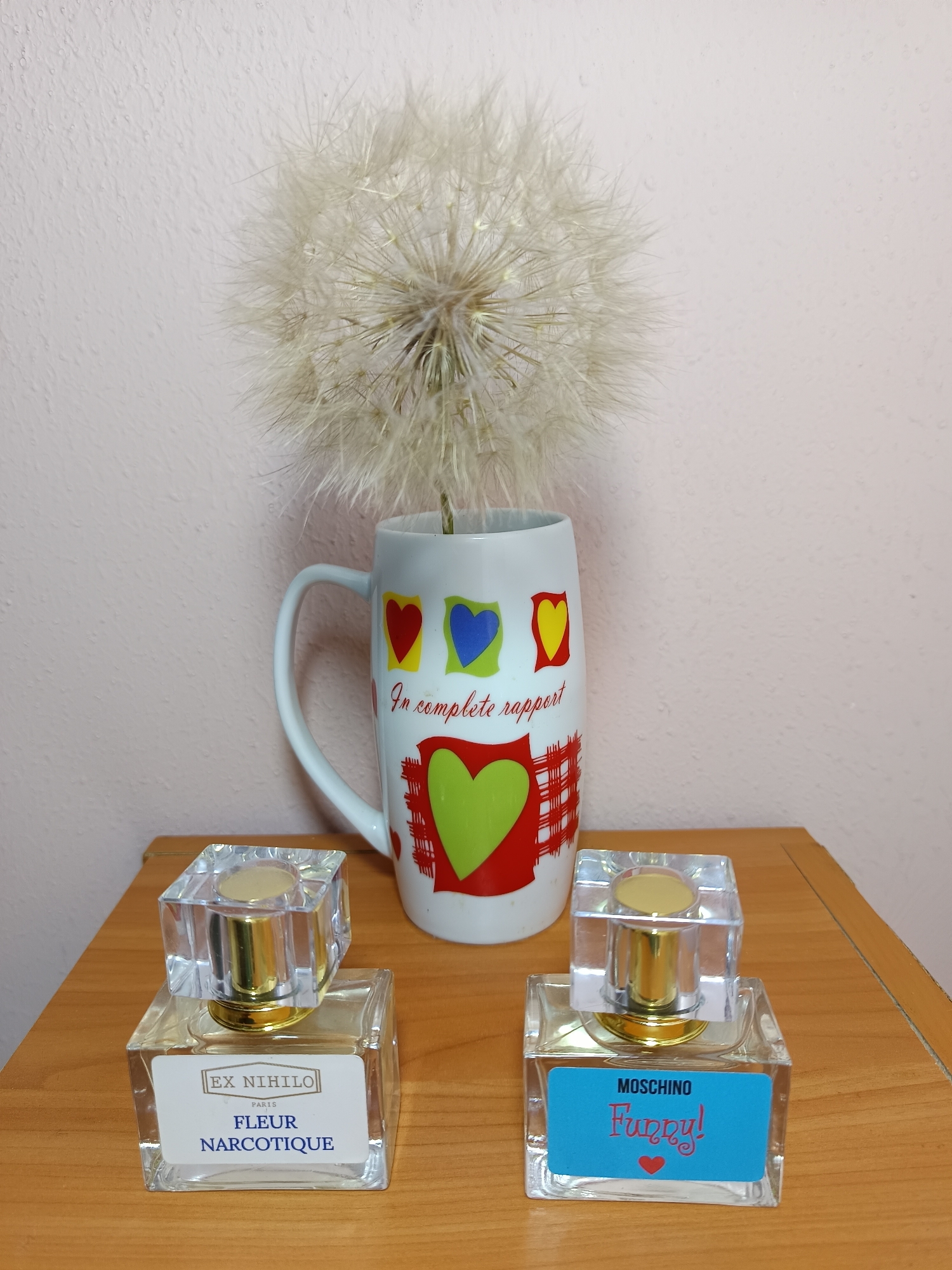 An indoor still life arrangement is depicted on a wooden surface against a textured, pale pink wall. Dominating the background is a white mug with a decorative pattern of hearts and red plaid, containing a large, fluffy dandelion seed head that extends upwards. In front of the mug, two glass perfume bottles with gold accents are positioned on the wooden surface. The bottle on the left has a white label with the text "EX NIHILO PARIS FLEUR NARCOTIQUE". The bottle on the right has a bright blue label with the text "MOSCHINO Funny!" and a small red heart. The overall scene suggests a domestic setting, possibly a tabletop or shelf. The location in the city of Tyshky, Ukraine is not ascertainable from the visual information provided.