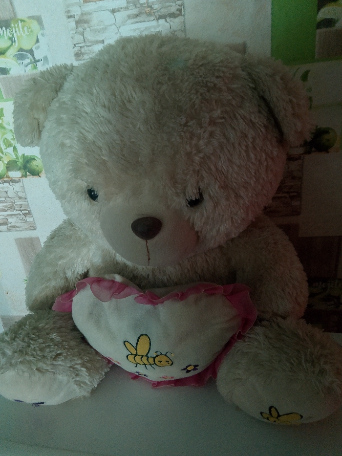 A light-colored teddy bear sits on a white surface, holding a heart-shaped pillow with a bee design. The bear is facing the camera, with its head slightly tilted. The background is a wall with a brick pattern and some green accents, possibly wallpaper. There are no people visible in the image. The lighting is dim, with a strong highlight on the bear's fur. The location is stated as Изыхские Копи, Russia, but the image itself does not contain any visual cues to confirm this location.