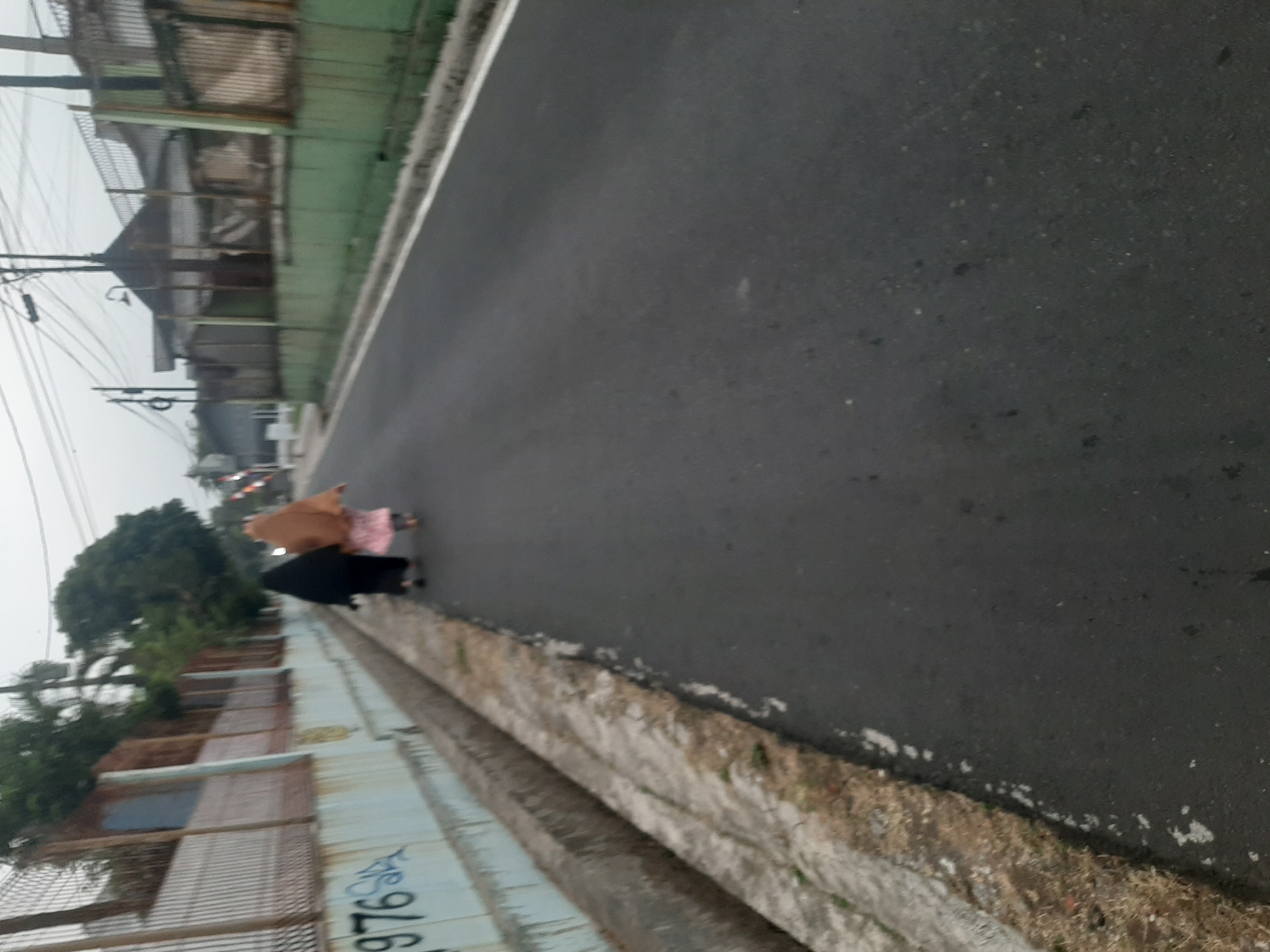 Two individuals, one wearing a black hijab and the other a light brown hijab, walk away from the camera on the right side of a paved road. The individual in black appears to be wearing a dark robe, while the person in brown has a pink patterned skirt visible beneath their hijab. They are walking on the asphalt road, which has a white line marking its edge on the right. To the left of the road, there is a concrete drainage ditch with dry grass and some patchy vegetation. Beyond the ditch, a concrete wall with graffiti, including the number "976" and some blue scribbles, runs along the left side of the image. In the background, there are houses, fences, and utility poles with overhead wires, suggesting a residential area. The sky is overcast, indicating a cloudy or potentially dawn/dusk setting. The scene depicts a quiet street in Purwanegara, Indonesia.