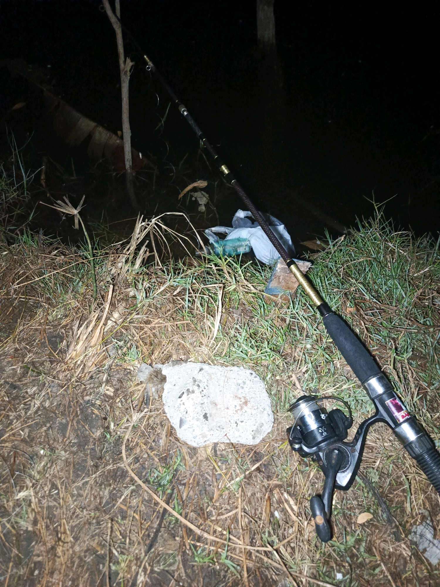 A fishing rod and reel are positioned on the ground next to a body of water, possibly a river or canal, in Tegal, Indonesia. The ground is covered with grass and dry vegetation. A white, irregularly shaped object, likely a rock or piece of concrete, is in the foreground. In the background, a partially submerged, light-colored object, possibly a plastic bag or debris, is visible in the water. The scene is dimly lit, suggesting it is either nighttime or dusk.