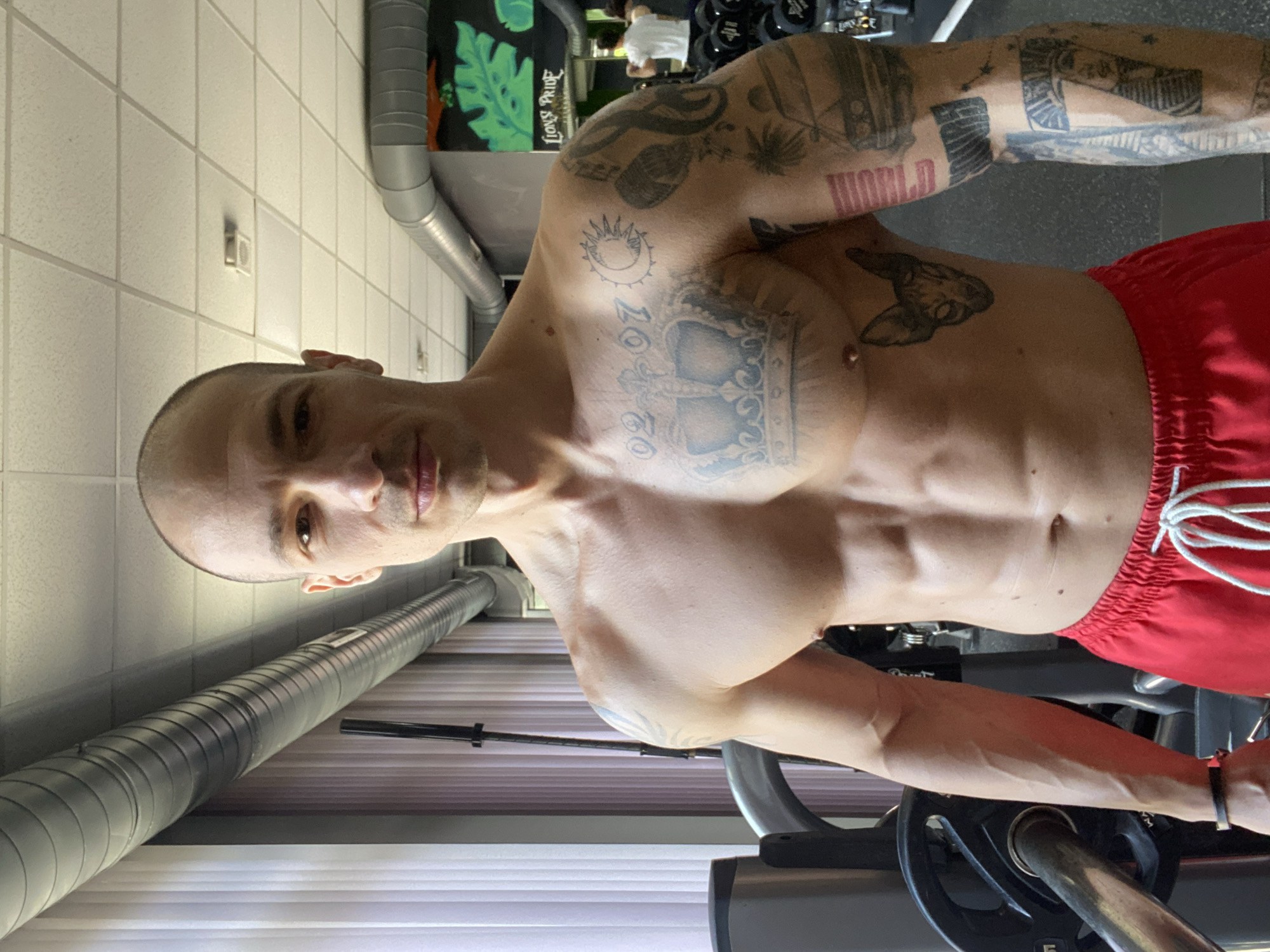 A muscular, bald man in red shorts stands in a gym, possibly in Pleven, Bulgaria. He has several tattoos on his torso and arms, including a crown, sun, and the word "WORLD." He is positioned in front of weightlifting equipment, with a barbell visible. The background includes tiled walls and overhead pipes.