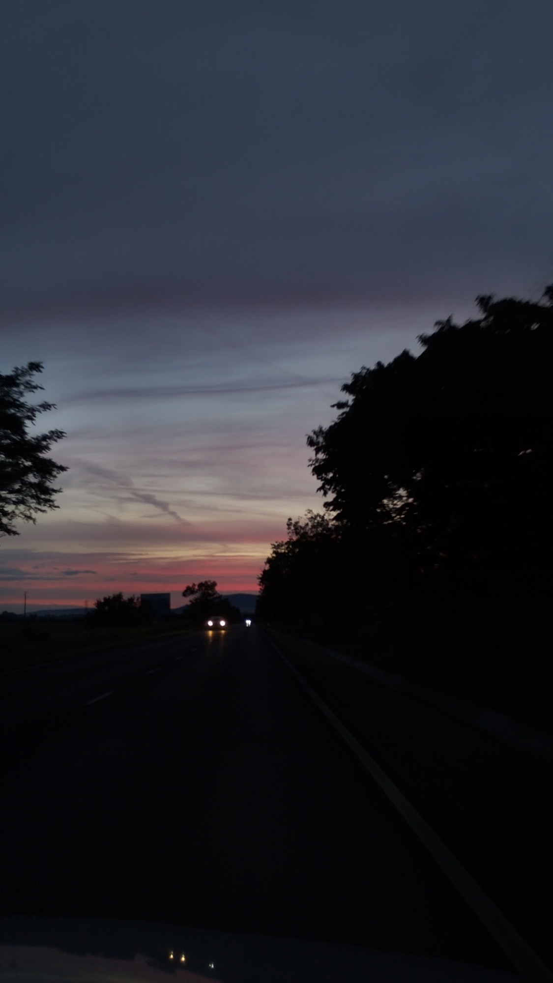 The image depicts a twilight scene on a road, likely in or near Gabarevo, Bulgaria. The sky is a gradient of deep blue and purple, with streaks of pink and orange from the setting sun. On the right side of the road, silhouetted trees form a dark border. On the left, distant trees and what appears to be a building are visible. Two cars with their headlights on are traveling down the road, creating bright points of light in the darkening scene. The road surface is dark asphalt, with white lane markings visible. The overall impression is one of a rural or suburban highway at dusk.