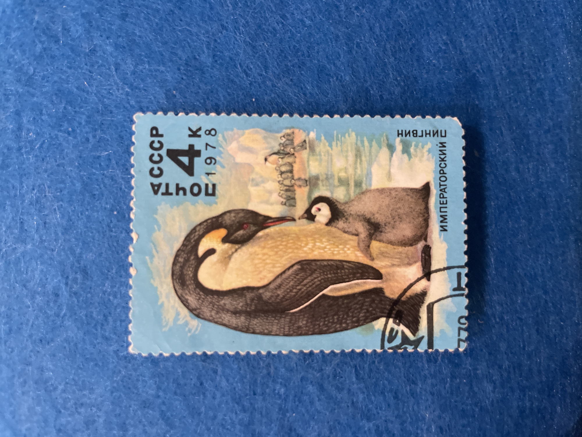 This is a close-up image of a postage stamp on a blue felt surface. The stamp features an illustration of two penguins, an adult and a chick, on an icy landscape with other penguins in the background. The stamp has perforations along its edges. Text on the stamp is in Russian and includes "CCCP", "ПОЧТА", "4 K", "1978", "ИМПЕРАТОРСКИЙ", and "ПИНГВИН". The stamp's value is 4 kopecks, and it was issued in 1978. The stamp depicts an imperial penguin and its chick. There is no information in the image that suggests a location in the city of Perm, Russia.