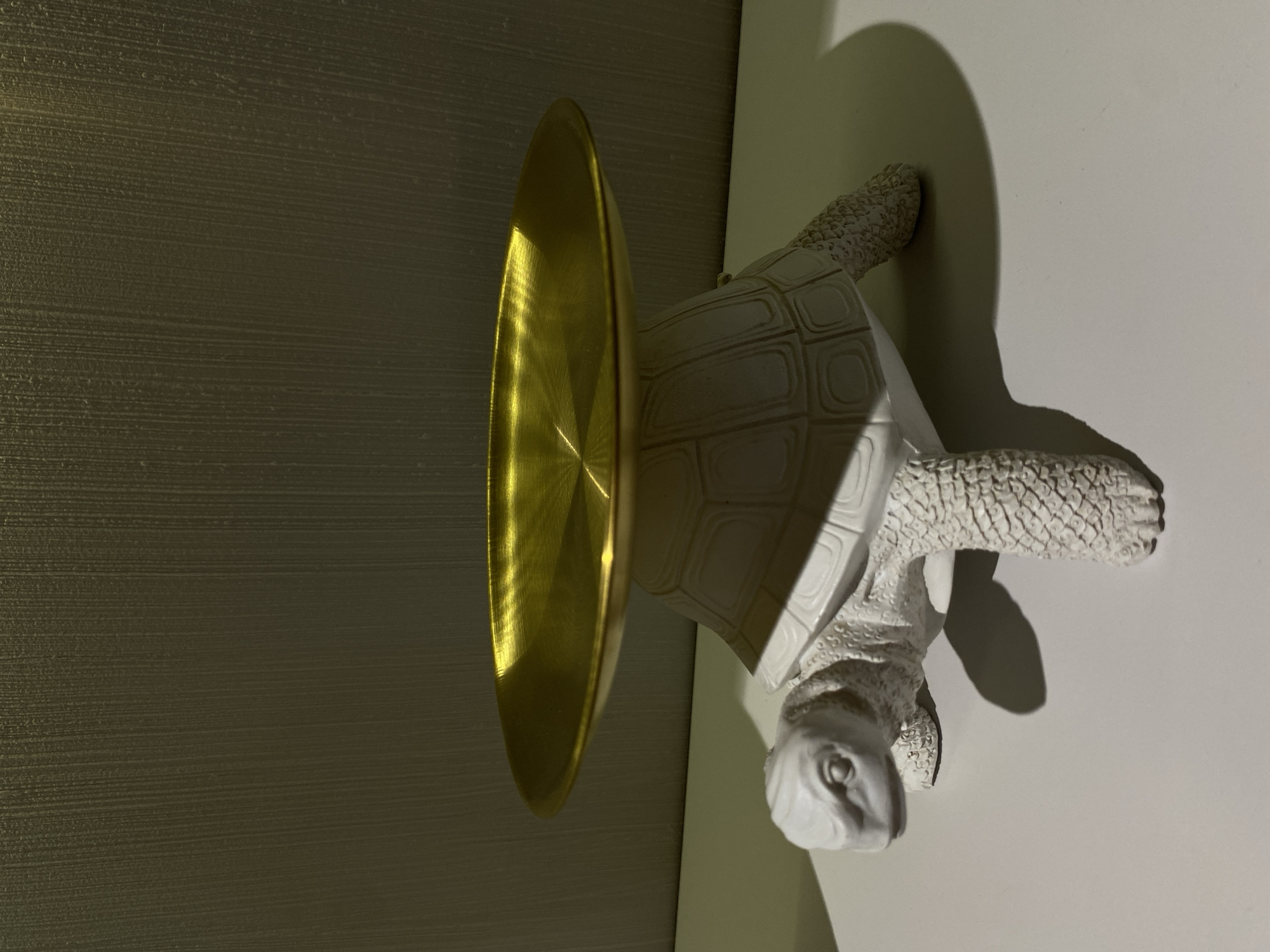 A white, detailed turtle figurine with a gold dish on its back rests on a white surface. The turtle's head is turned to the left, with its mouth slightly open and its eyes looking forward. Its shell is covered in a pattern of squares, and its legs are textured to resemble scales. The gold dish is circular and has a brushed metal finish, reflecting the light. The background is a textured wall with vertical lines. The scene is lit from the side, casting a shadow of the turtle on the white surface. This image does not depict a location in Votkinsk, Russia.