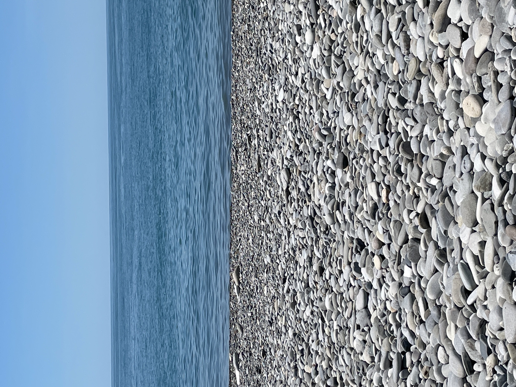 The image depicts a serene beach scene with a vast expanse of calm blue water meeting a shore covered in smooth, grey pebbles. The sky above is a clear, cloudless blue, creating a peaceful and uncluttered atmosphere. The foreground is dominated by the pebble beach, with stones of various sizes and shades of grey, some appearing lighter and smoother, others darker and more textured. The water stretches horizontally across the midground, its surface rippling gently, reflecting the bright sky. The horizon line where the water meets the sky is sharp and distinct. The perspective is from ground level, looking out towards the sea. There are no people or man-made structures visible in the image. The overall impression is one of natural tranquility and simplicity.