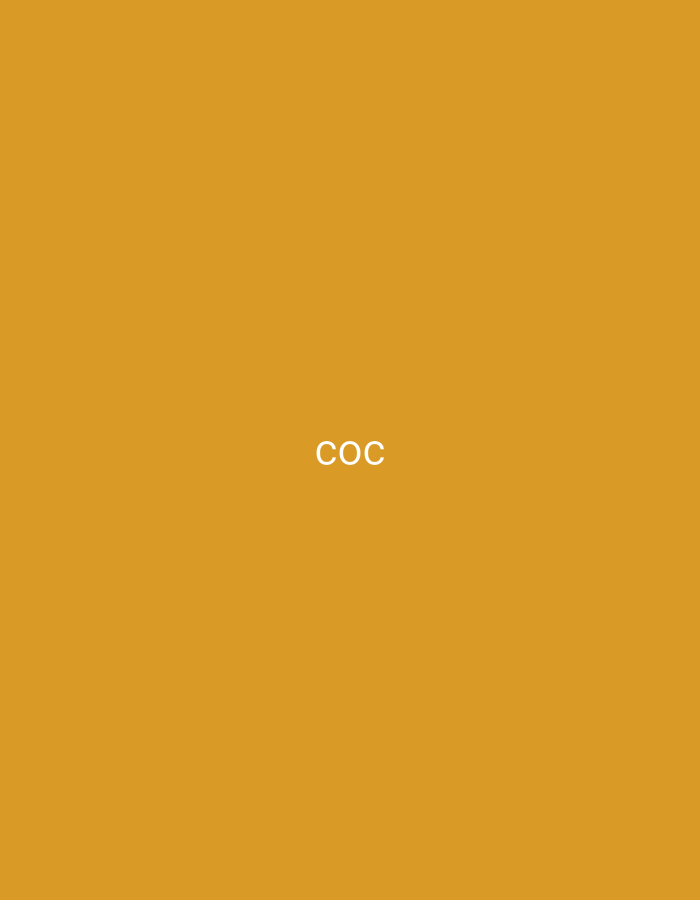 A flat, warm orange-yellow backdrop fills the frame. In the center, the letters "COC" are displayed in a simple, sans-serif typeface. The text is white, providing stark contrast against the background. The focus is solely on the text and its placement within the expansive monochromatic space.