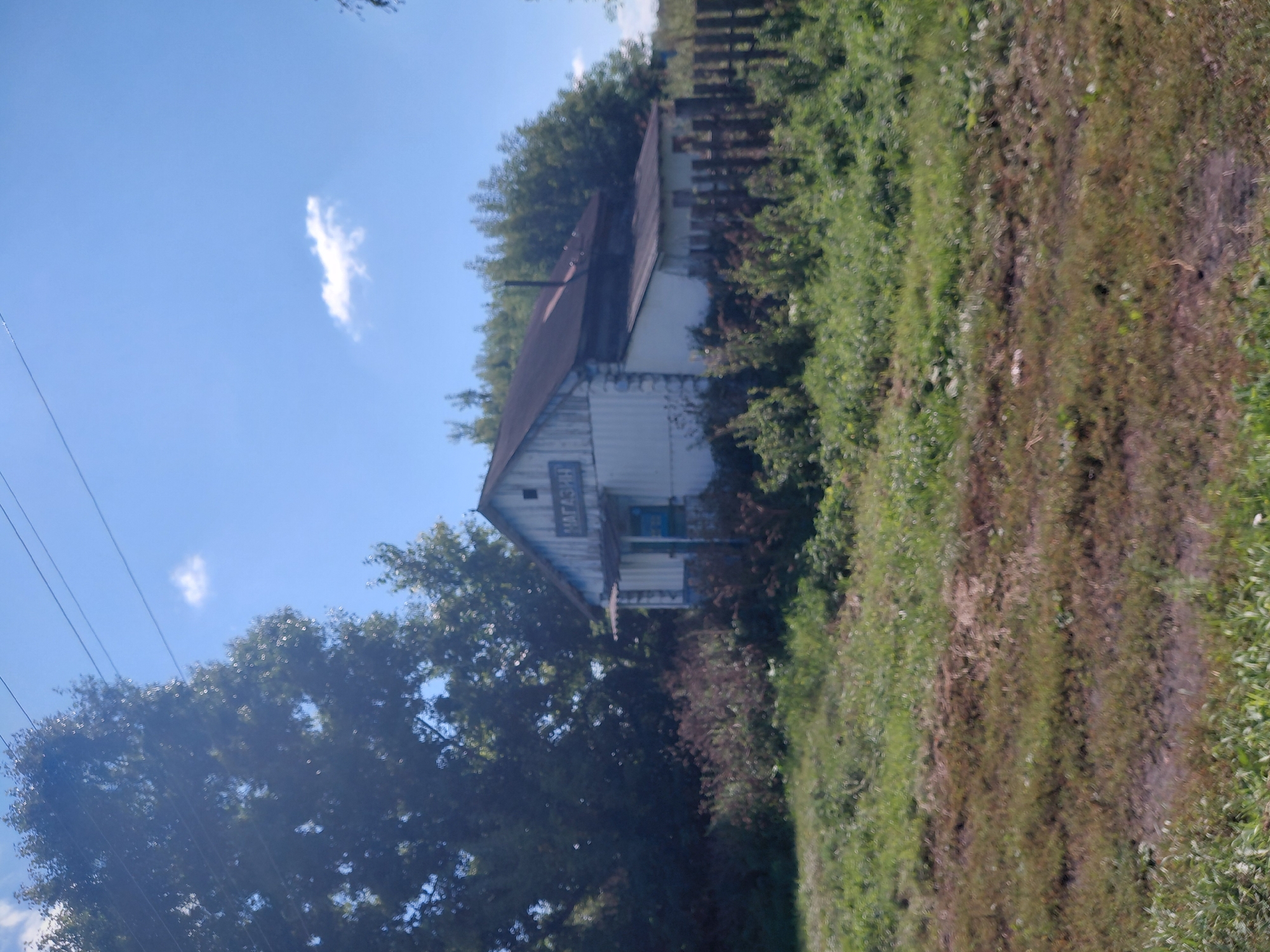 A weathered, single-story building with a dark roof and light-colored siding stands amidst overgrown vegetation and trees under a clear blue sky. A sign on the building reads "МАГАЗИН" in blue letters. A short wooden fence is visible behind the building. The foreground consists of patchy grass and dirt. The scene appears to be in a rural or semi-rural area.
