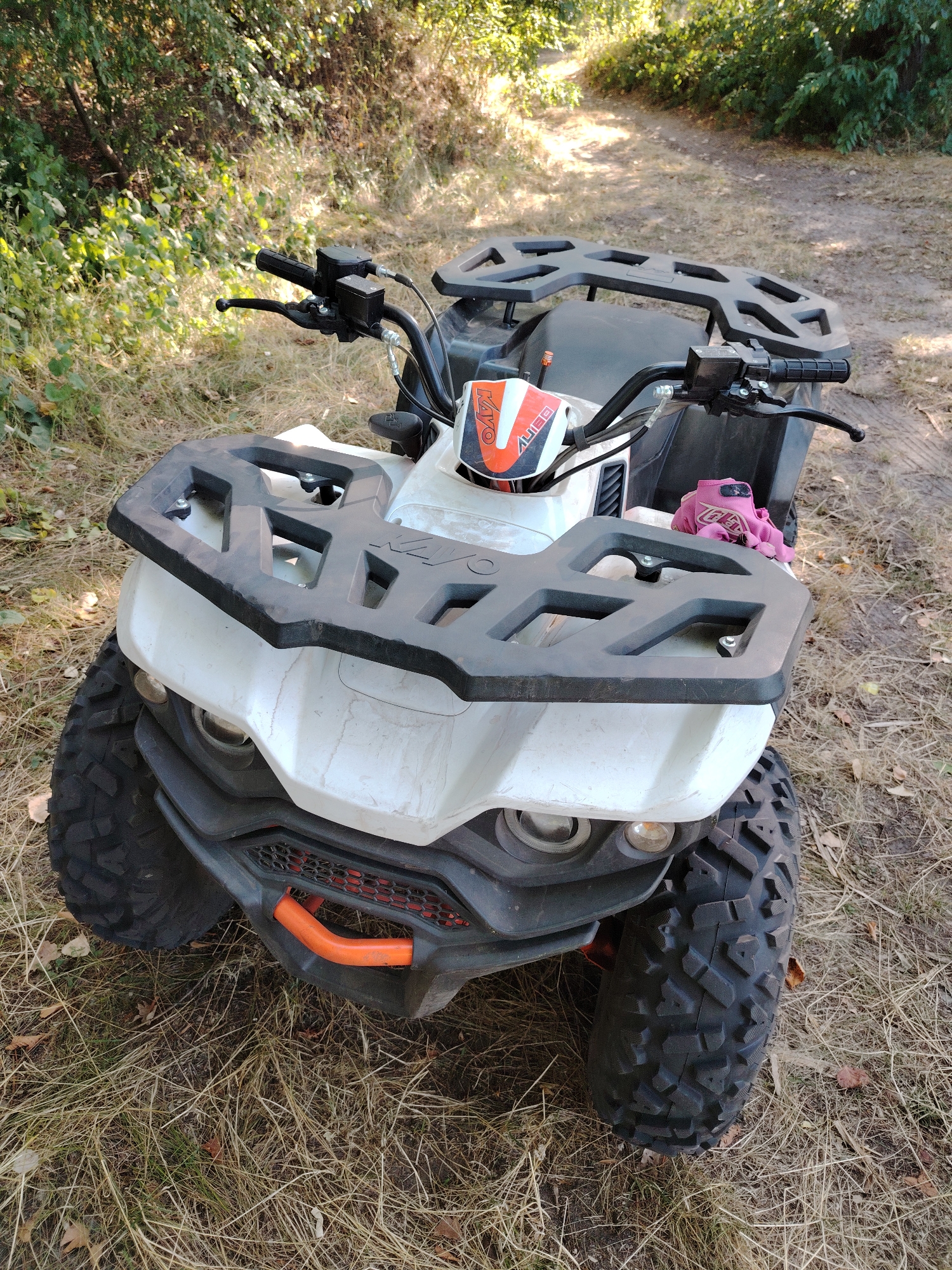 An all-terrain vehicle (ATV) is parked on a dirt path surrounded by dry grass and trees, suggesting an outdoor, possibly rural, location. The ATV is white and black with orange accents. It has large, knobby tires, a front rack, and handlebars with controls. A pink glove is placed on the front rack. The scene is illuminated by natural light, indicating daytime. No individuals are present in the image, and no specific location markers are visible.