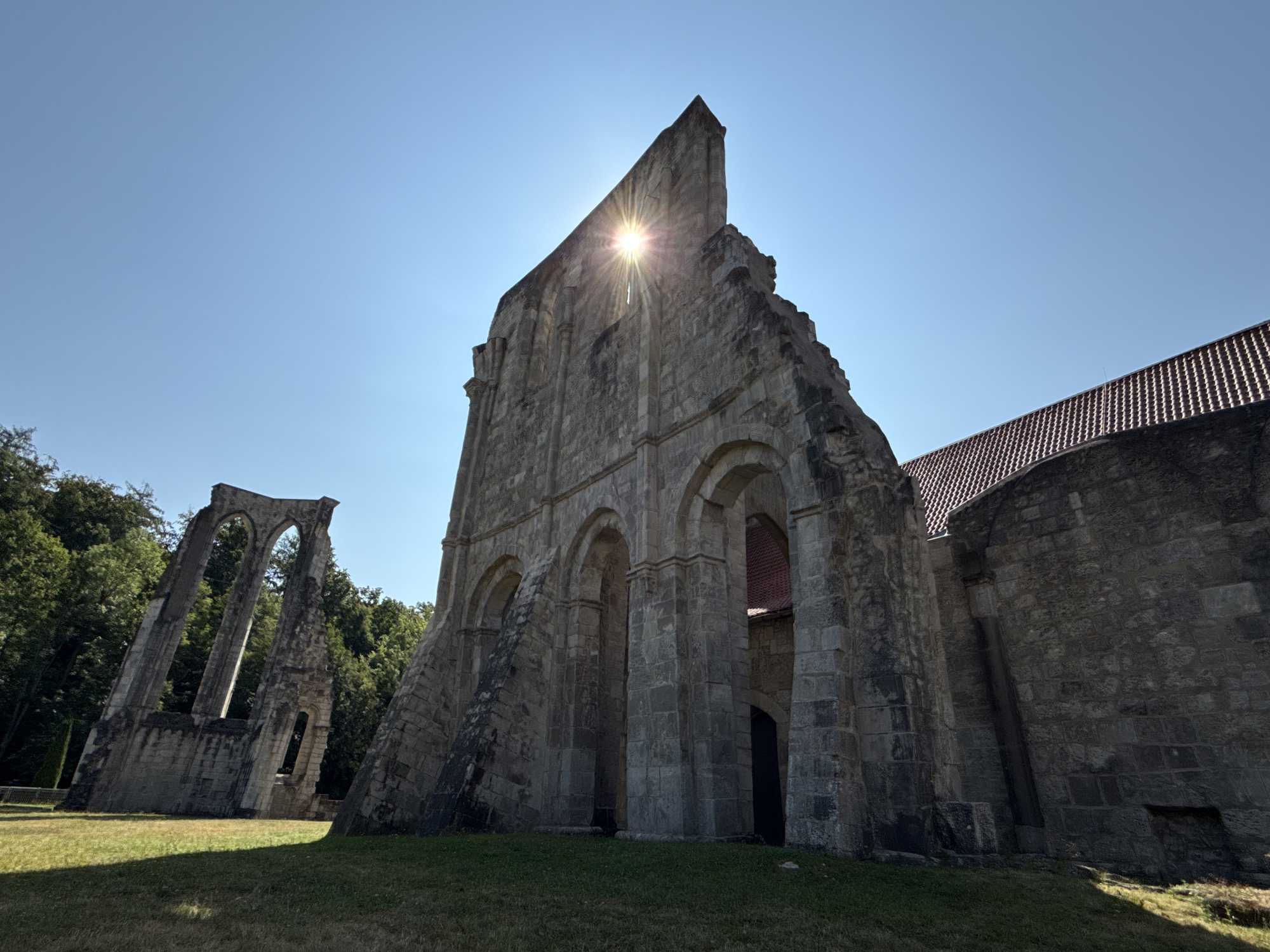 The image shows the ruins of the Walkenried Abbey in Walkenried, Germany. The sun shines brightly through a triangular opening in a large stone wall, creating a starburst effect. To the left, the remnants of another stone structure with arched openings stand against a backdrop of green trees. The foreground consists of a grassy lawn. The sky is clear and blue.