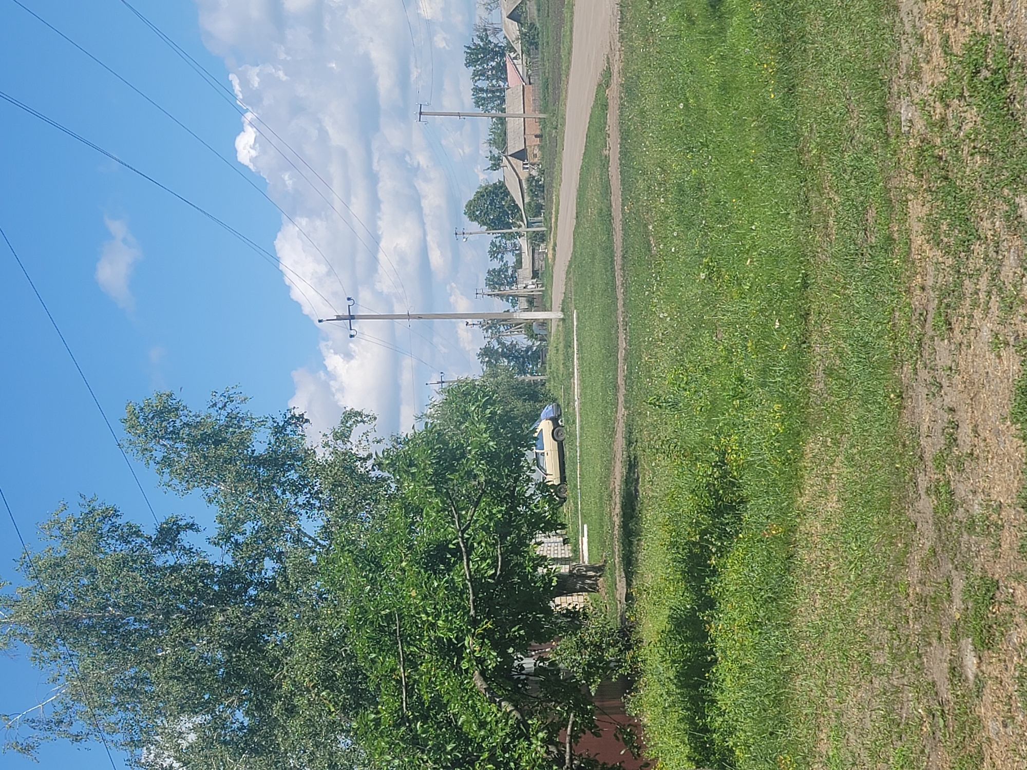 The image depicts a rural scene in Vovkivka, Ukraine, under a bright blue sky with scattered white clouds. In the foreground, a patch of dry, patchy grass transitions into a well-maintained lawn. A large, leafy tree with a visible trunk and branches dominates the left side of the frame, casting shadows. Behind the tree, a portion of a building with red and white brickwork is visible.
Further into the scene, a light-colored car, possibly a hatchback, is parked on a grassy area beside the building. A dirt road or path runs horizontally across the midground, leading towards a row of houses and trees in the distance. Utility poles with wires are interspersed throughout the landscape, indicating the presence of infrastructure. The houses appear to be of typical rural construction, with visible roofs and walls. The overall impression is one of a quiet, daytime setting in a village environment.