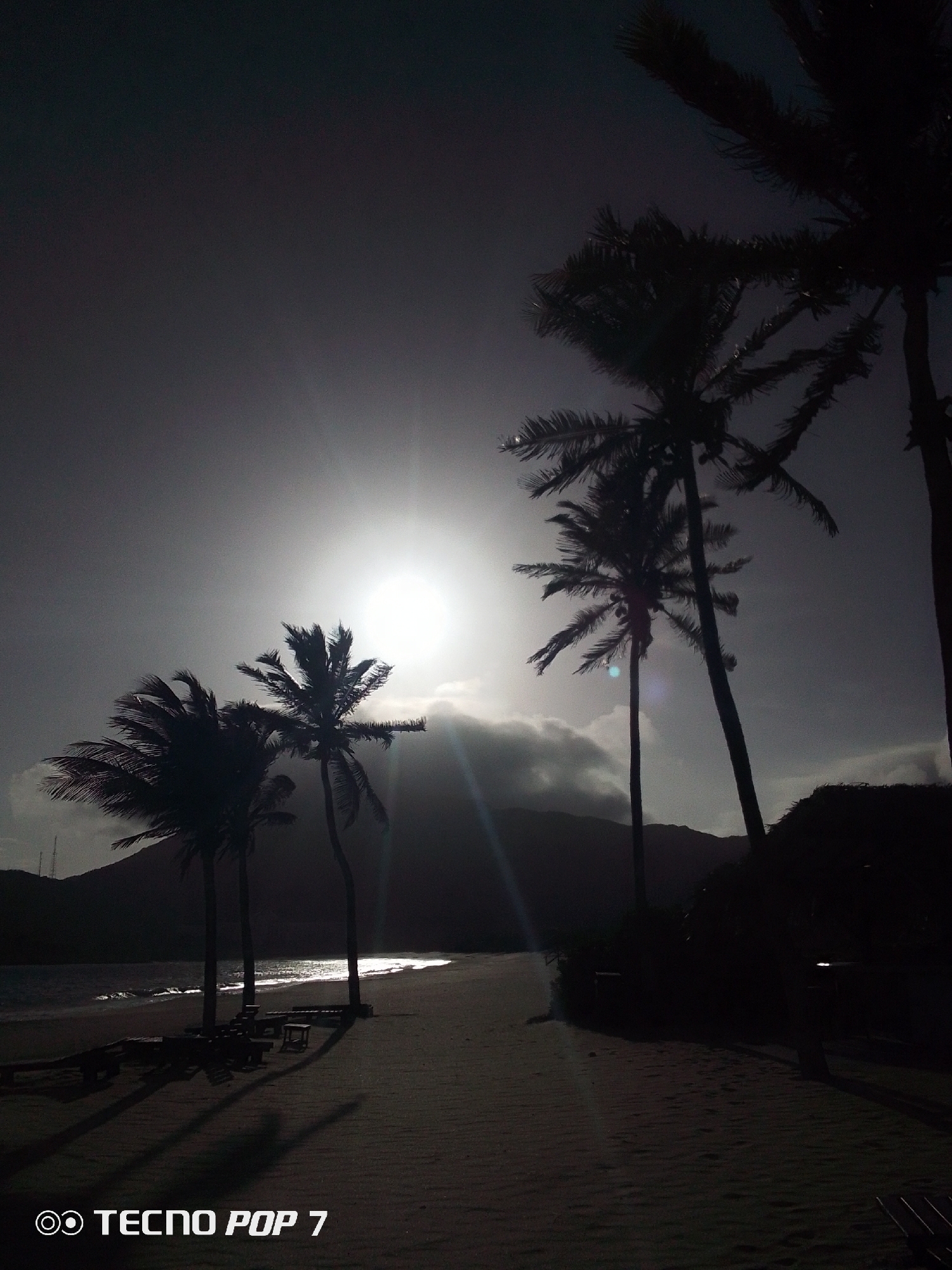 The image depicts a silhouetted scene at a beach in Pedro González, Venezuela. The bright sun is positioned high in the sky, partially obscured by clouds and creating a lens flare effect. Several palm trees stand along the beach, their leaves blown by the wind. The sand is visible in the foreground, and lounge chairs and a small table are scattered near the trees. In the background, dark mountains rise above the beach. The image has a strong contrast, making the foreground and background elements appear dark against the bright sky. The lower left corner of the image contains the text "TECNO POP 7".
