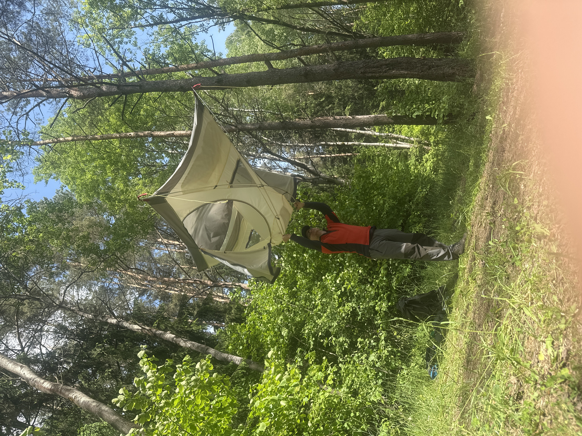The image shows a man standing in a forest in Папярнянскі сельскі Савет, Belarus, holding up a tent. The tent appears to be hanging from a tree branch. The forest has many green trees and bushes. The sky is visible through the trees, with some blue patches. The man is wearing a red shirt, grey pants, and black shoes. He seems to be in the process of setting up or adjusting the tent.
