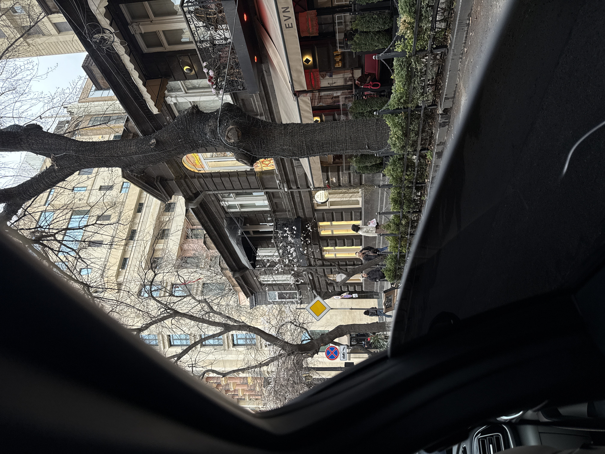 The image captures an urban street scene from the interior perspective of a vehicle, looking out through the passenger-side window. The location is Abovyan Street in Yerevan, Armenia.
The scene depicts a row of dark-colored, multi-story buildings, characteristic of traditional Armenian architecture, lining the right side of the street. These buildings feature multiple windows, some with white frames, and ornate wrought-iron balconies adorned with flower planters containing red and pink blossoms. One prominent building displays a white awning with the letters "EVN" visible, indicating an establishment with outdoor seating furnished with red chairs and surrounded by short green hedges. Adjacent to this, another building shows a small circular sign with "pablo" in stylized script.
Several bare deciduous trees with intricate branch networks are spaced along the sidewalk, one particularly large tree trunk in the mid-ground is heavily wrapped in a protective mesh or wire. Behind the immediate street-level buildings, taller, lighter-colored, more modern structures are visible.
The street itself is an asphalt surface, appearing slightly damp, with a raised curb separating it from the sidewalk. A low metal fence with chain links and interspersed green hedges runs along the pedestrian area. A wooden bench is visible on the sidewalk. Pedestrians, approximately seven to eight individuals, dressed in various coats and jackets, are walking on the sidewalk.
Traffic signs are present on poles: a circular blue sign with a red diagonal line (No Stopping/Standing) and a yellow diamond-shaped sign (Priority Road). The sky is overcast, providing soft, diffused lighting.
