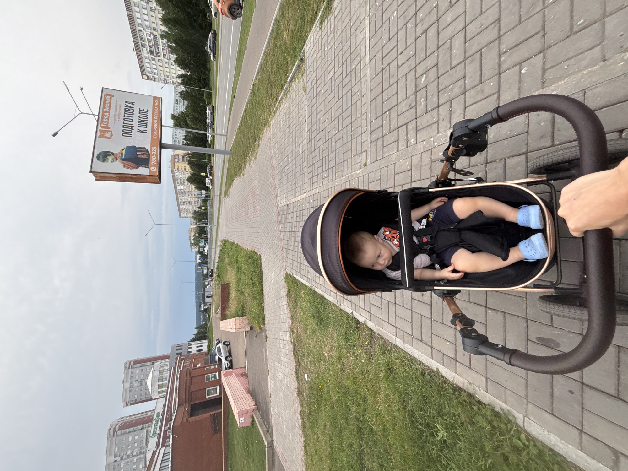 A first-person perspective shot shows a person pushing a baby stroller down a paved sidewalk lined with grass on the left. The stroller contains a young child wearing a t-shirt with a tiger design, navy shorts, and light blue crocs. To the right of the sidewalk is a road with cars, and beyond that, several multi-story apartment buildings. A billboard advertising "City of Knowledge" with an image of a child and the text "Preparation for school" is visible in the distance. The sky is overcast and gray. The location is Naberezhnye Chelny, Russia.