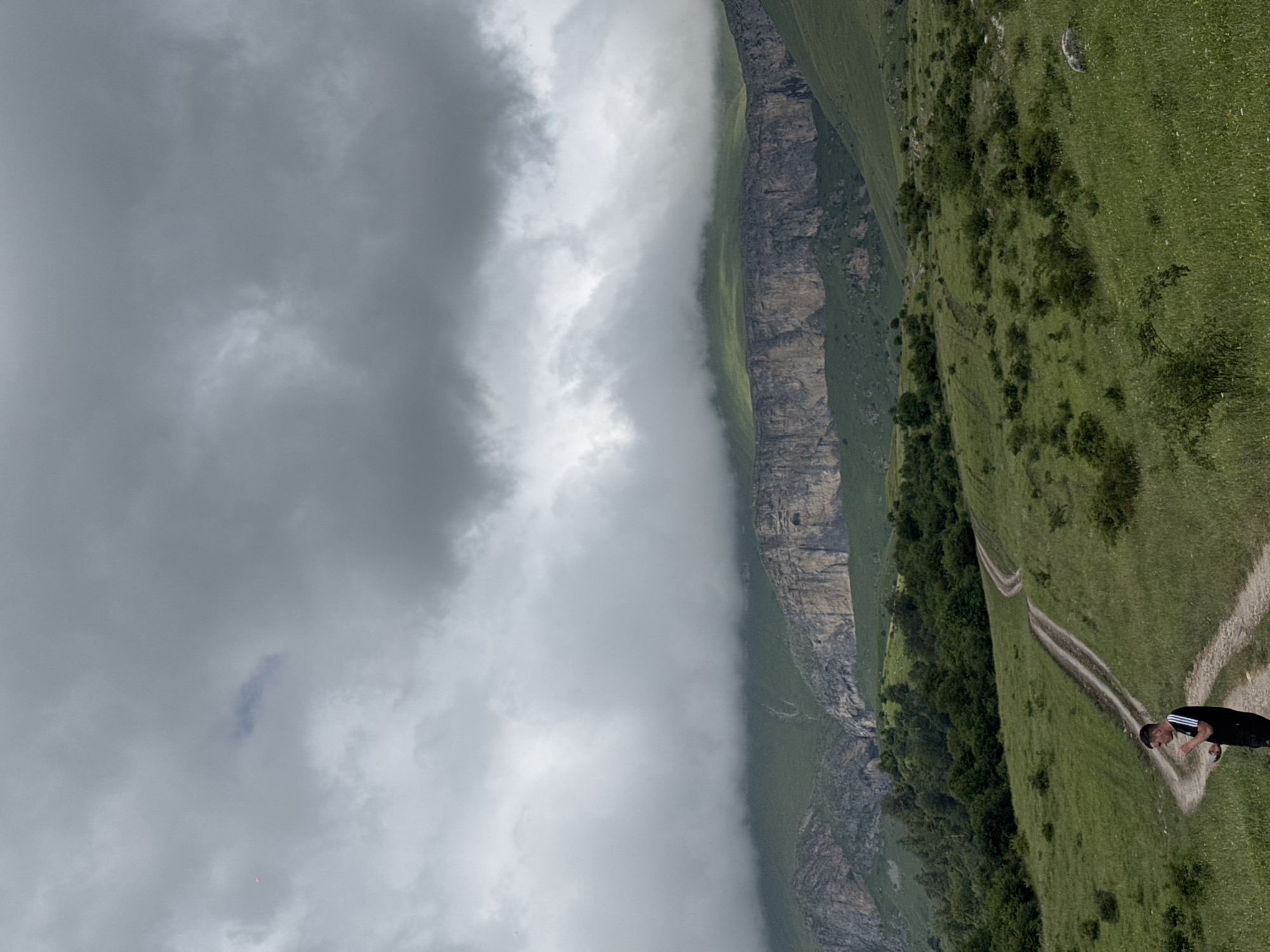 The image depicts a man standing on a dirt path in a mountainous landscape. He is wearing a black t-shirt with white stripes on the sleeves and black pants. He is holding a mobile phone in his left hand and appears to be looking at it. The path winds through a grassy hillside dotted with bushes and trees. In the background, a large, rocky mountain range is visible, partially obscured by low-hanging clouds. The sky is overcast with dark, heavy clouds. The scene appears to be a natural, outdoor environment, likely in a rural or mountainous area. There is no visual information in the image that suggests the location is within the city of Haghartsin, Armenia.