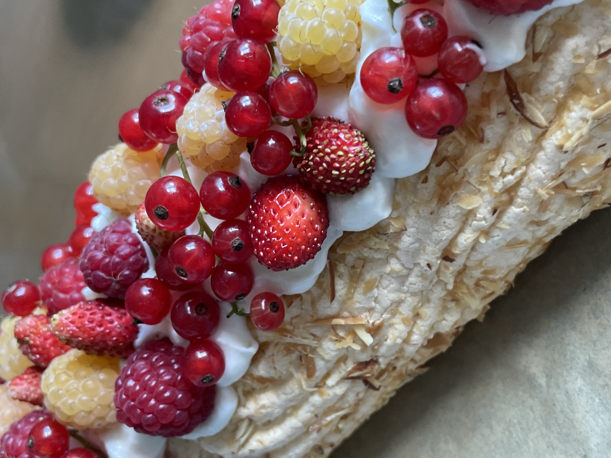 A close-up, eye-level shot focuses on a dessert, likely a roulade or cake, topped with an assortment of red and yellow berries and dollops of white cream. The dessert itself appears to be a light-colored meringue or sponge cake, dusted with slivered almonds. The berries visible include red currants, raspberries, yellow raspberries, and small wild strawberries. The arrangement is densely packed with fruit, creating a vibrant and textured surface. The background is a soft, neutral tone, suggesting a table or serving surface. No people or city-specific landmarks are present in the image; therefore, its location in Дресвяново, Russia, cannot be determined from the visual information provided.