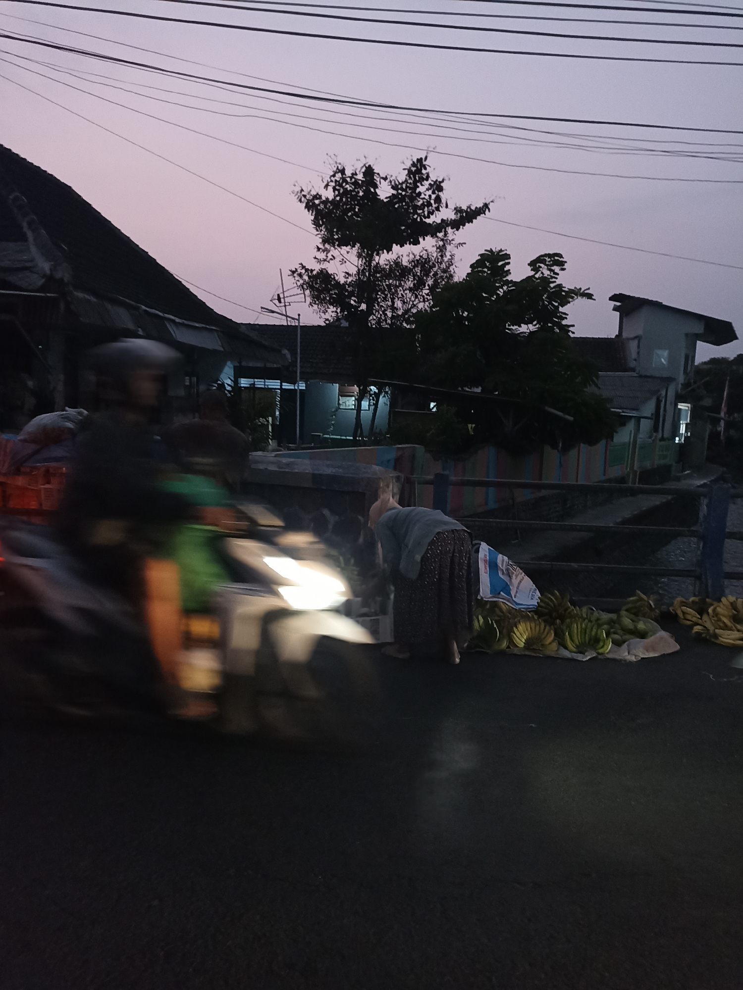 The image depicts a street scene in Ditotrunan, Indonesia, during twilight. A blurred motorcyclist is seen on the left side of the frame, moving from left to right. In the middle ground, a person, possibly a woman wearing a long skirt and a grey top, is bent over a display of bananas. The bananas are arranged on a cloth on the ground, with several bunches visible. Behind the bananas, a low fence or railing separates the roadside from what appears to be a drainage channel or a lower-lying area. Further in the background, houses with dark roofs are visible, some with lights on inside. Overhead, power lines crisscross the dusky sky. The overall atmosphere suggests a rural or semi-urban setting at the end of the day.