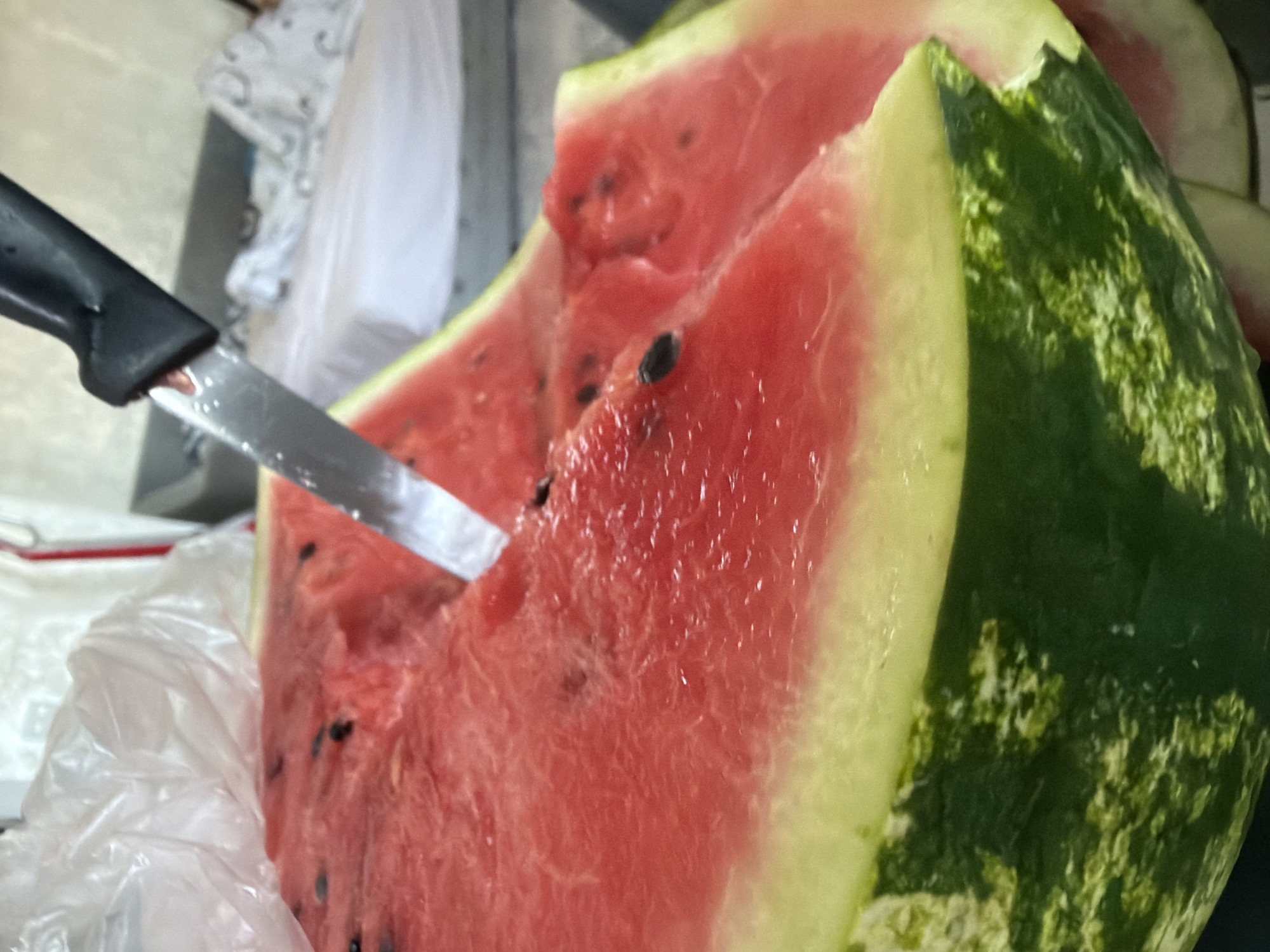 A close-up, slightly angled shot shows a partially cut watermelon with a knife embedded in it. The watermelon is bright red with visible black seeds and a yellow-green rind. To the left, a translucent plastic bag is visible, partially covering the watermelon. The background is blurred, suggesting an indoor setting.