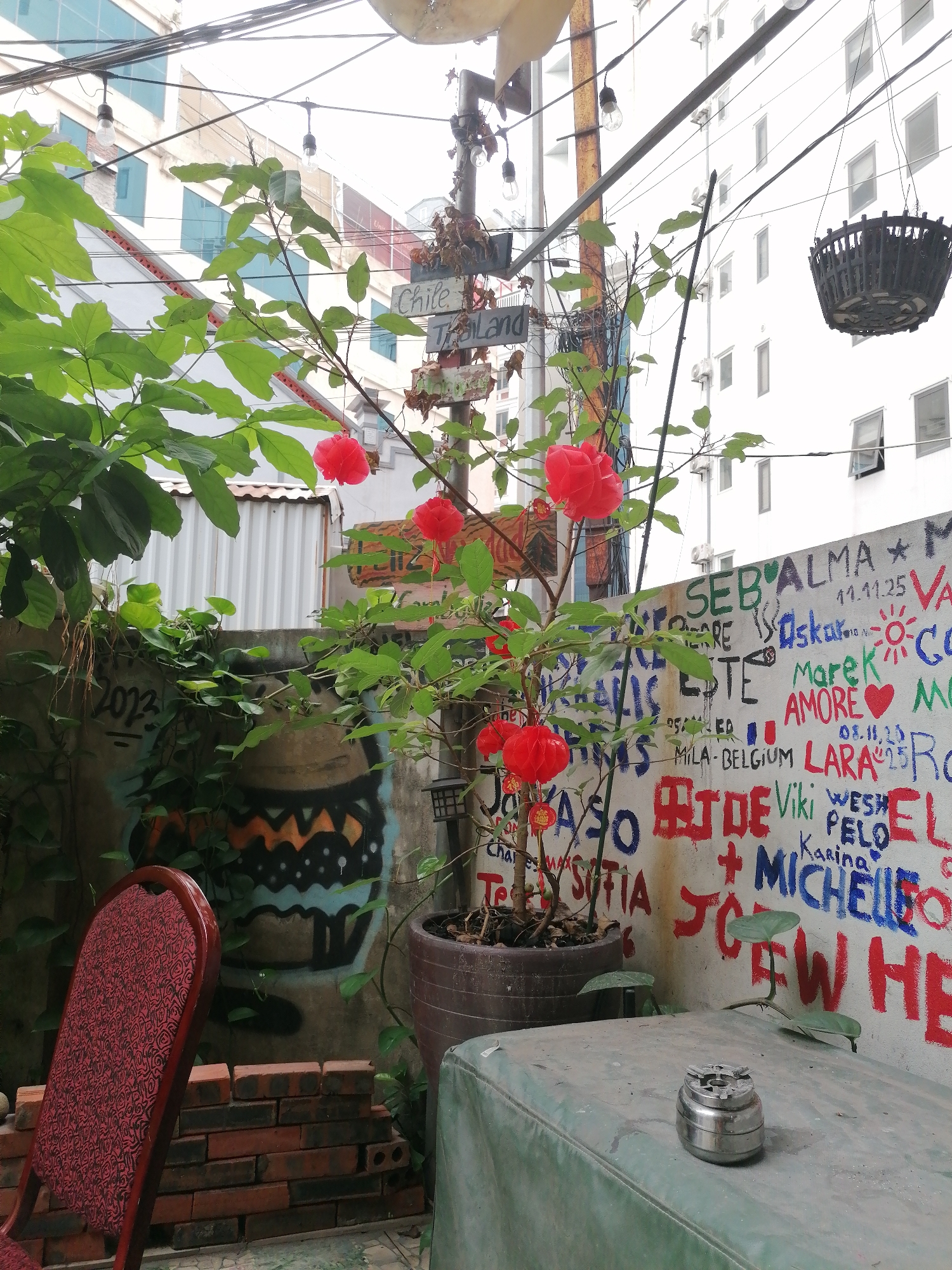 Captured in Bai Chay Ward, Vietnam, the photograph presents a courtyard scene. A red chair sits to the left against a brick-lined base. Behind it, a wall features graffiti of an abstract burger and the number "2023". The right side of the image reveals a wall covered with writing and graffiti, including names, dates, and symbols. In the foreground, a worn green surface serves as a table, upon which rests a metal ashtray. A potted plant with red flowers is centered, positioned in front of the graffiti-covered wall. Overlapping the plant, a metal post supports signs pointing to "Chile" and "Thailand". A hanging basket is suspended from the upper right. Electrical wires crisscross above, and buildings are visible in the background.