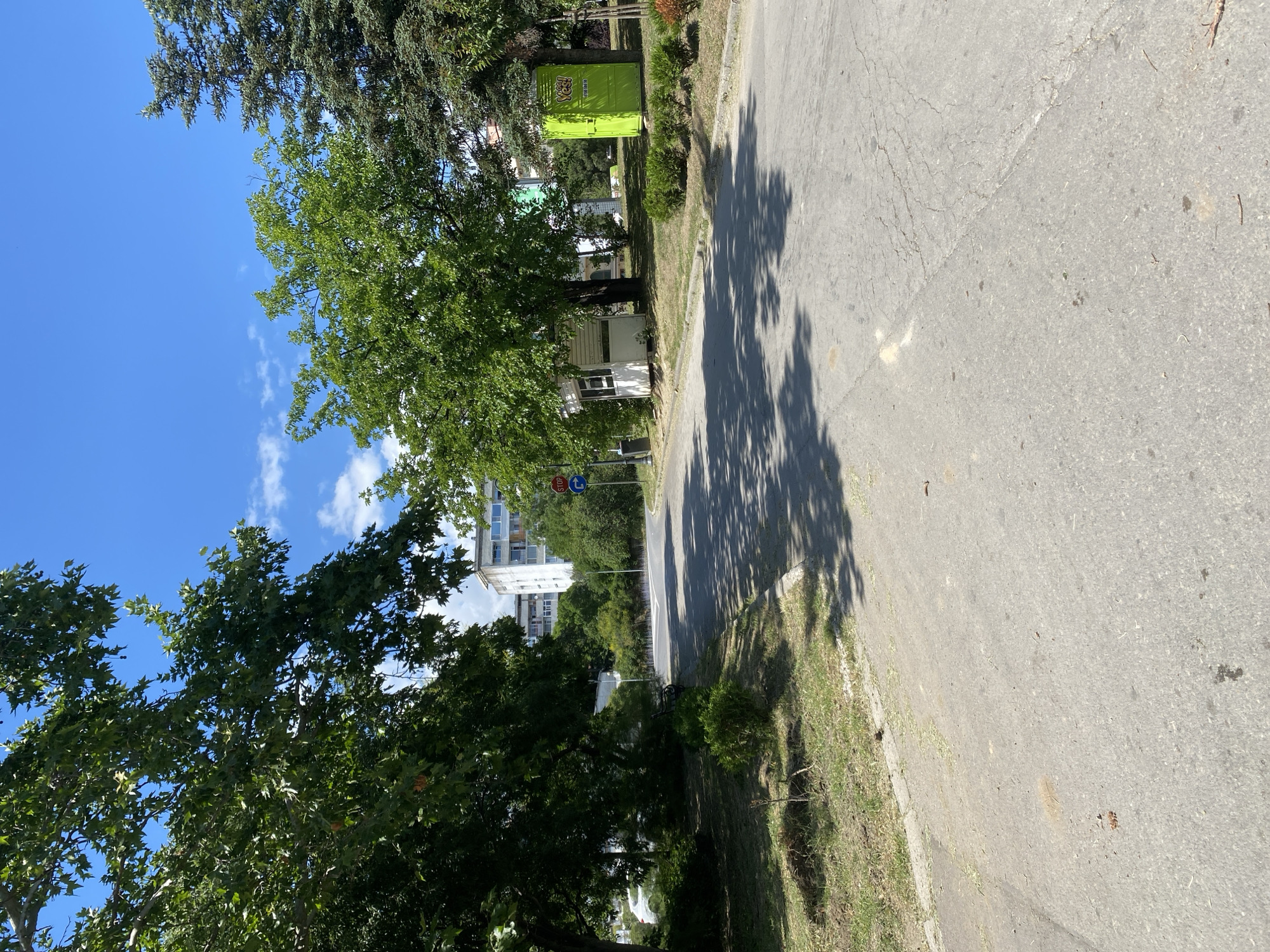 This is an outdoor, eye-level, medium shot photograph of a paved road in Varna, Bulgaria, on a sunny day. The road, cracked and worn, curves to the left in the distance, leading towards a multi-story white apartment building. Lush green trees flank the road on both sides, with their shadows dappling the asphalt. On the right side of the road, a small, white booth-like structure and a bright green, rectangular kiosk with the word "Yes!" emblazoned on it are visible. Traffic signs, including a red stop sign and a blue directional sign, are posted near the intersection. The sky is a clear, bright blue with scattered white clouds. There are no people visible in the image. The environment appears to be a residential area within the city, with well-maintained foliage surrounding the road.