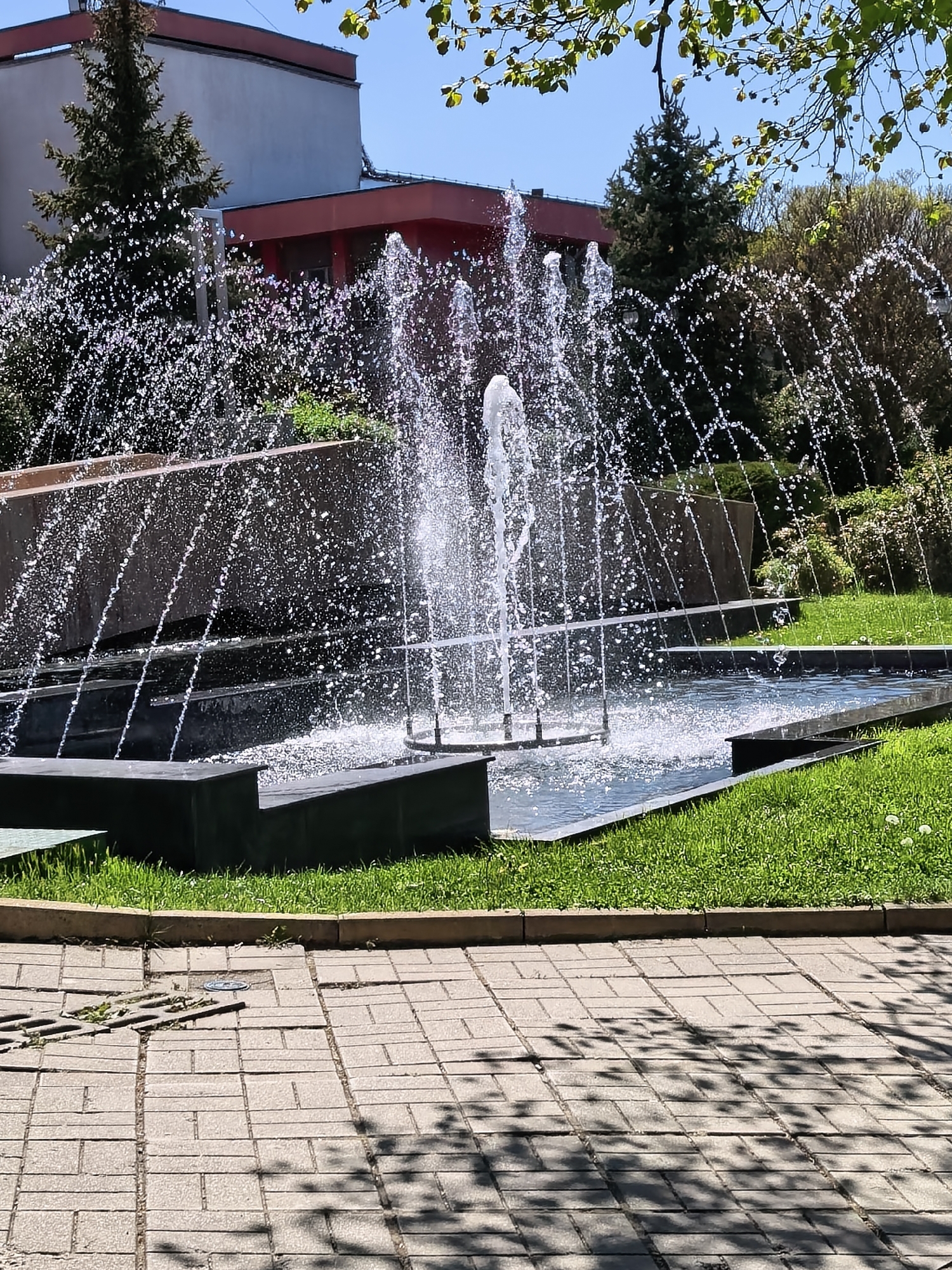 The image shows a modern fountain in Sapareva Banya, Bulgaria. The fountain is composed of black rectangular tiers filled with water. Water sprays up in vertical jets from the center and arcs outward from the sides. Green grass surrounds the fountain. In the background are trees and a building with a red and grey facade. A paved walkway with shadows from trees is in the foreground.