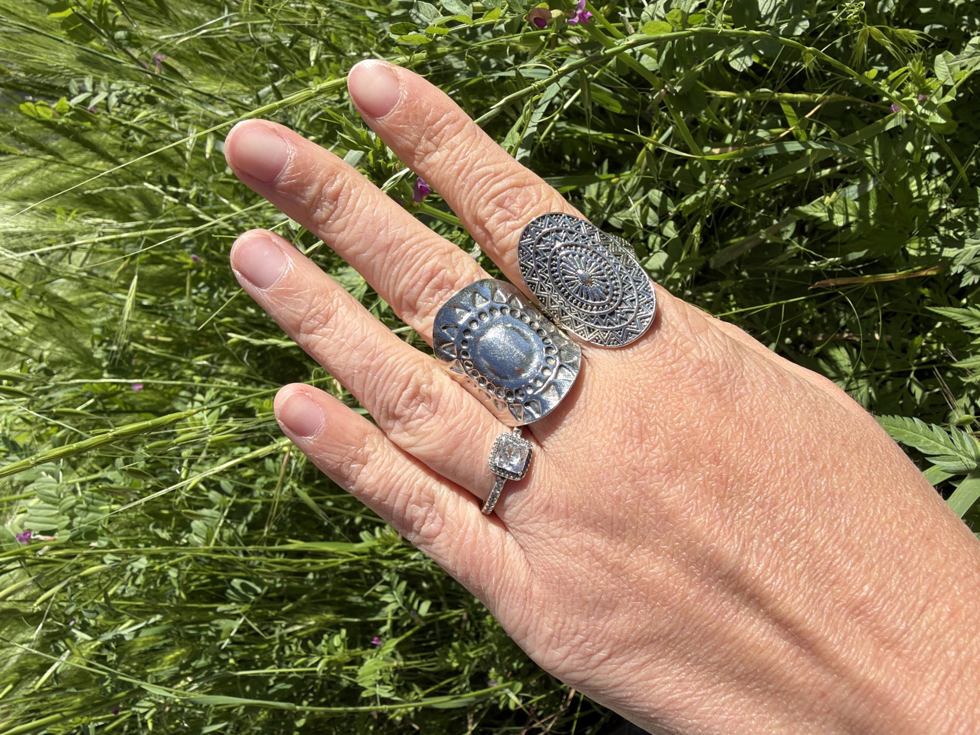 A light-skinned human hand is positioned against a background of green vegetation. The hand has three rings: a silver ring with a square diamond on the ring finger, and two large silver rings with intricate designs on the index and middle fingers. The background appears to be a field or area of dense greenery with a mix of grass and other plants. The lighting is bright, suggesting an outdoor setting under sunlight. No indication suggests this is Saguramo, Georgia.