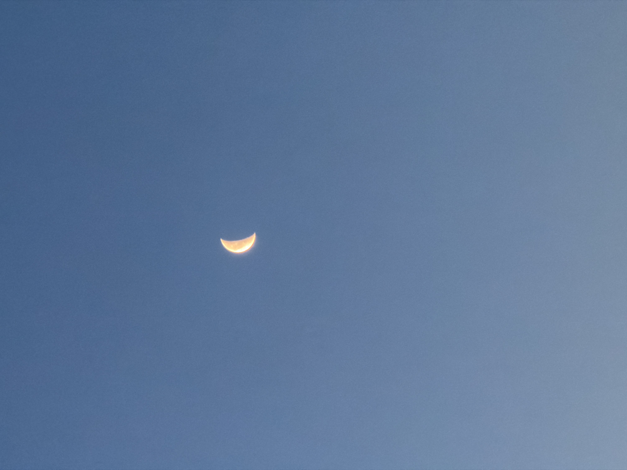 A crescent moon is visible in a clear, pale blue sky. The moon is illuminated from the right, casting a soft, yellowish glow. The sky appears to be transitioning from daylight to twilight. The image is a vertical composition, with the moon positioned slightly above the center. No other celestial bodies or objects are discernible in the sky. There is no indication of the city of Chaikovsky, Russia, in the image.