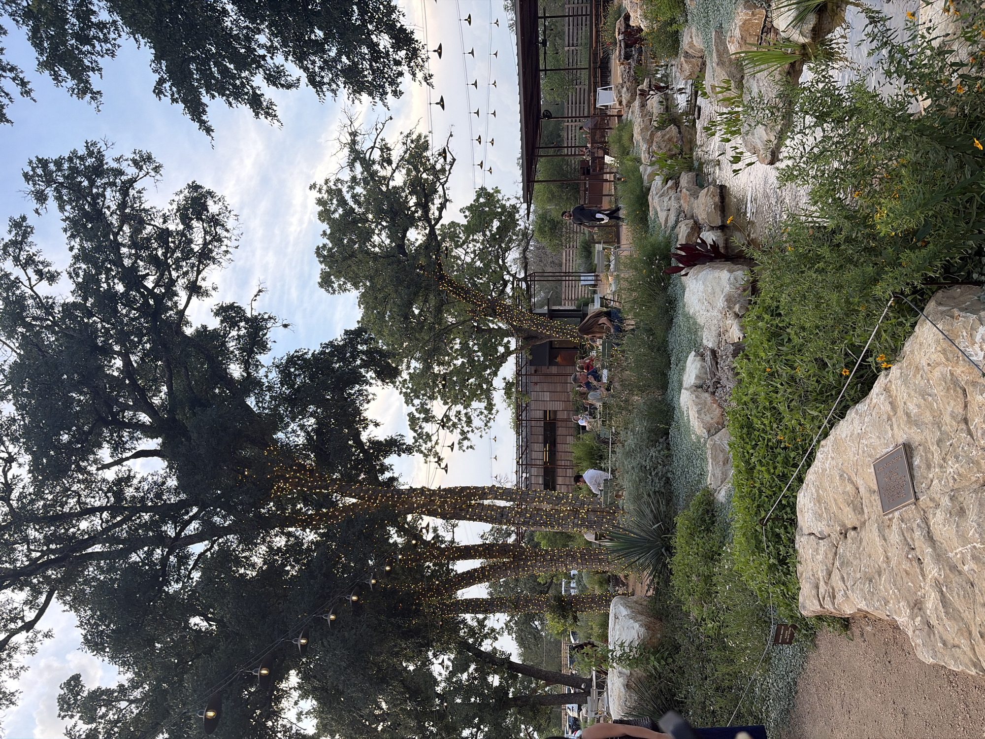 The image depicts an outdoor dining area, possibly in a restaurant or event space, in what appears to be a natural setting. The location is suggested to be in Sunset Valley, United States of America.
Several large trees are prominent, adorned with strings of small lights, creating a warm, festive ambiance. These trees partially obscure a building in the background, which seems to have a covered outdoor seating area. People are visible seated at tables, suggesting that the area is occupied and in use.
To the right of the image, a landscape feature consisting of rocks, plants, and a small stream or water feature is visible. A plaque is mounted on one of the larger rocks. The ground is covered with gravel.
Overall, the scene conveys a relaxed and inviting atmosphere, blending natural elements with designed spaces for outdoor leisure and dining.