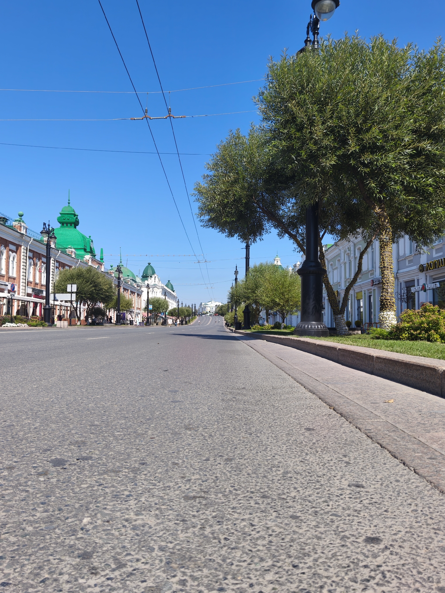 The image depicts a street scene in Omsk, Russia, likely taken on a clear, sunny day. The foreground is dominated by an asphalt road with a textured surface. To the right, a sidewalk with a stone curb separates the road from a well-maintained grassy area. Several trees line the sidewalk, some with full green foliage and others showing a more sparse canopy. Ornate black lampposts are visible along the street.
The background reveals a row of buildings with distinctive architecture. Many of these structures feature green domed roofs and ornate facades, characteristic of historical buildings. The buildings appear to be commercial establishments, with some signage visible, though the text is not entirely legible.
Overhead, a network of wires, likely for public transportation such as trams or trolleybuses, crisscrosses the sky. A few people are visible walking along the sidewalk in the distance, and the street appears to be relatively clear of vehicular traffic at the time the photograph was taken. The overall impression is a wide, straight street lined with historic buildings and trees, under a clear blue sky.