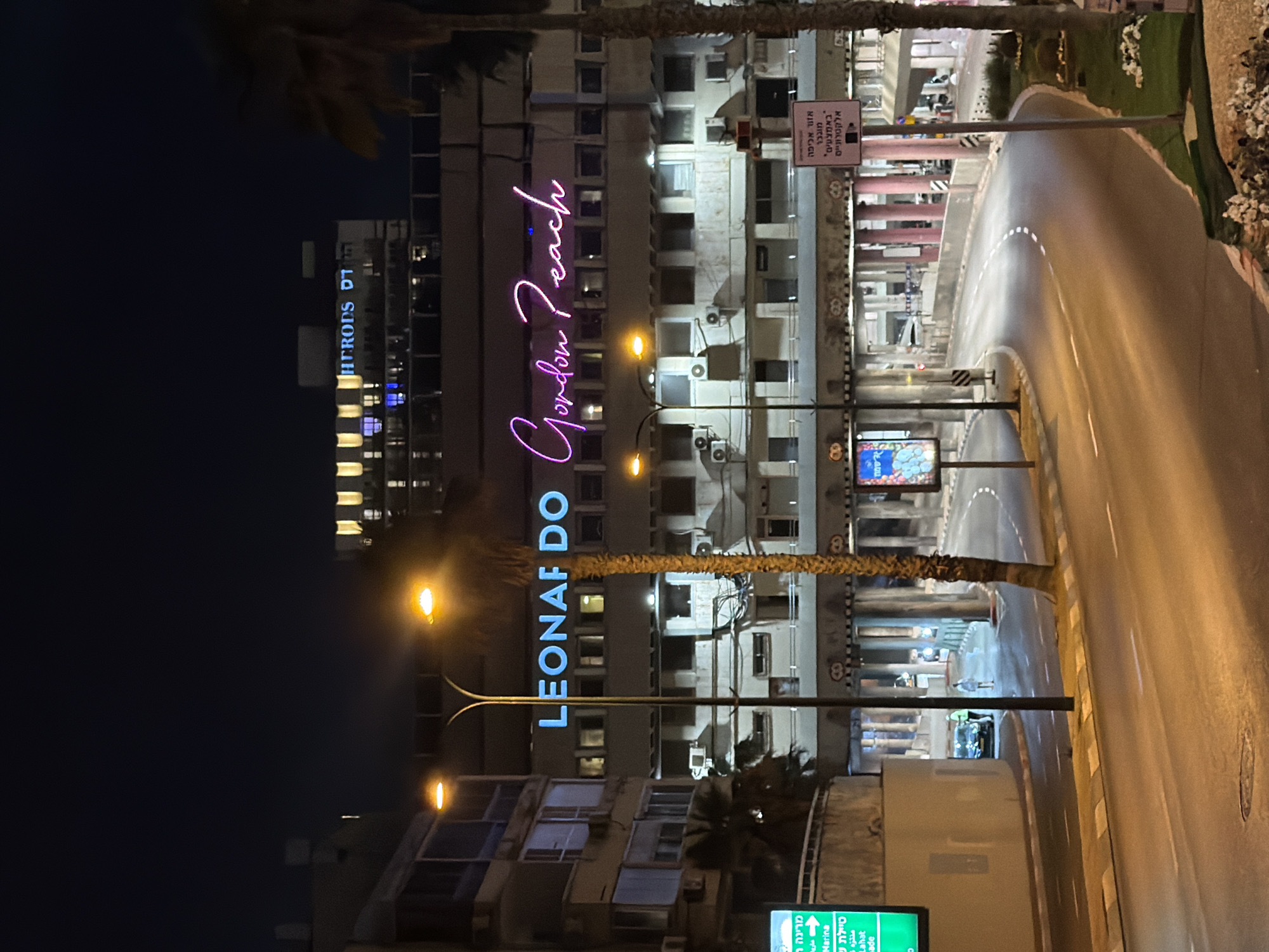 The image captures a night scene in Tel Aviv, Israel. In the background are high-rise buildings with illuminated windows. A neon sign prominently displays "Gordon Beach" in a cursive, magenta font, adding a vibrant glow to the scene. Vertical "LEONAF DO" signage also illuminates the buildings. Streetlights cast a warm glow on the surroundings. A palm tree is present.
To the right of the frame is a paved road with markings. Signage in Hebrew is visible, indicating street names and regulations. One sign mentions "Marina" and "Lahat/Shade." The location is near the seafront, specifically in the Gordon Beach area of Tel Aviv. The scene lacks people.