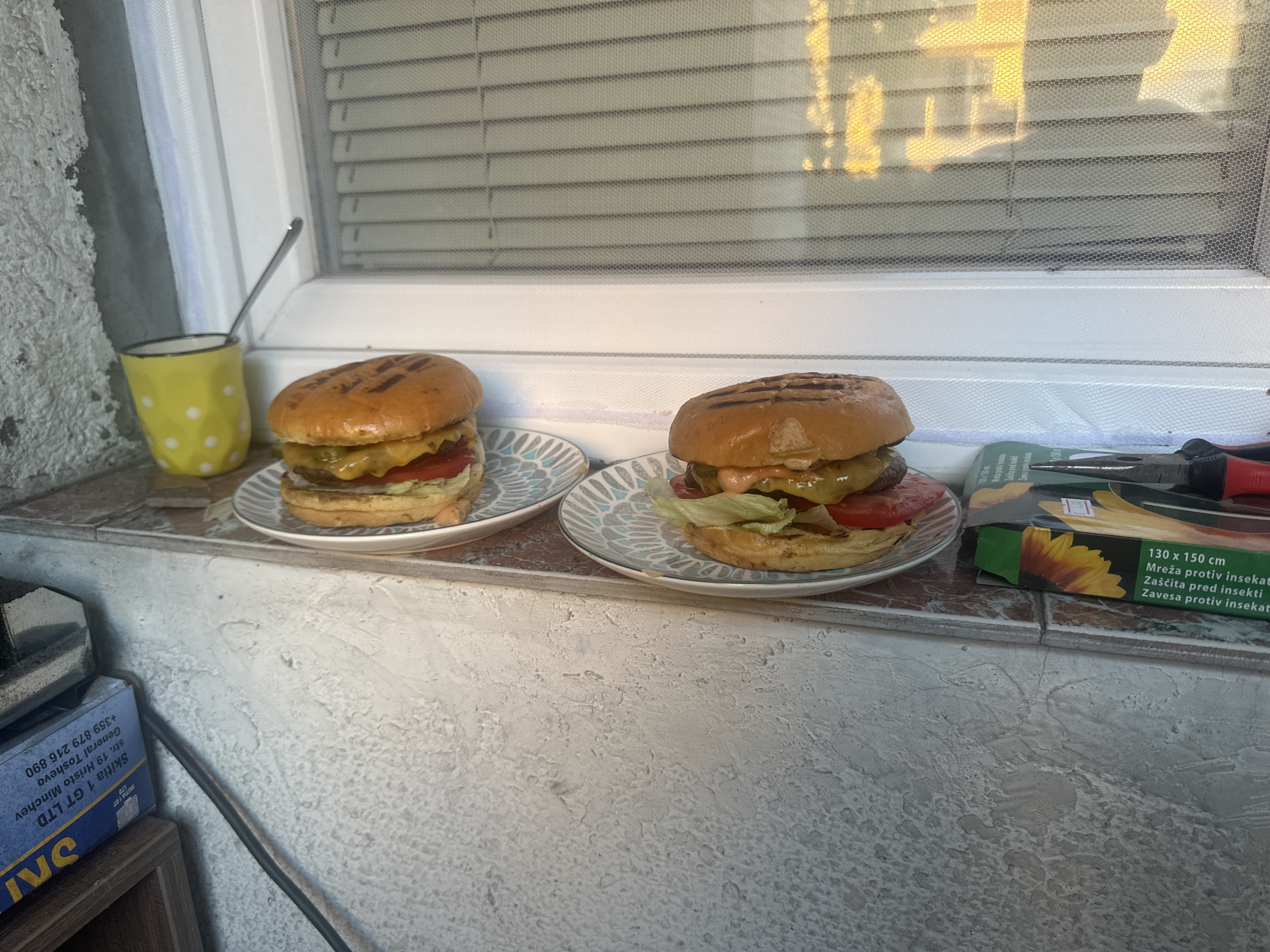 Two hamburgers sit on patterned plates on a ledge in front of a window with blinds. To the left of the hamburgers, a yellow polka-dotted cup with a spoon is visible. A box labeled "Skitia 1 GT LTD" is on the ledge below the left hamburger. To the right of the hamburgers, a package with an image of a sunflower is present, along with some tools. The ledge appears to be outdoors, as indicated by the rough texture of the wall. The window suggests an indoor setting, creating a potentially ambiguous location. The lighting suggests it is daytime.