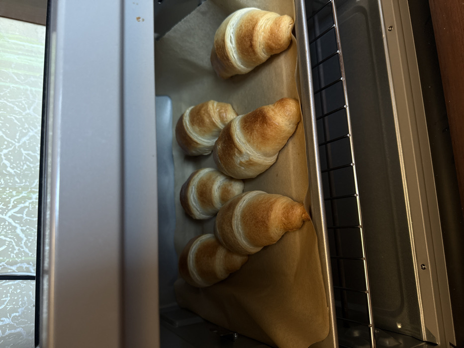Inside what appears to be a small, silver-toned convection or toaster oven, six golden-brown croissants are arranged on a piece of light brown parchment paper. The parchment paper rests on a metal baking tray, which is positioned on a black wire rack. The oven's interior walls and bottom are visible, along with a partial view of a heating element at the top. Above the oven, a light-colored surface with a distinct white, branch-like or crackle pattern is visible. Below the oven, a dark brown, possibly wooden, surface is partially seen. The scene is located in Kurovskoye, Russia. No individuals are present.