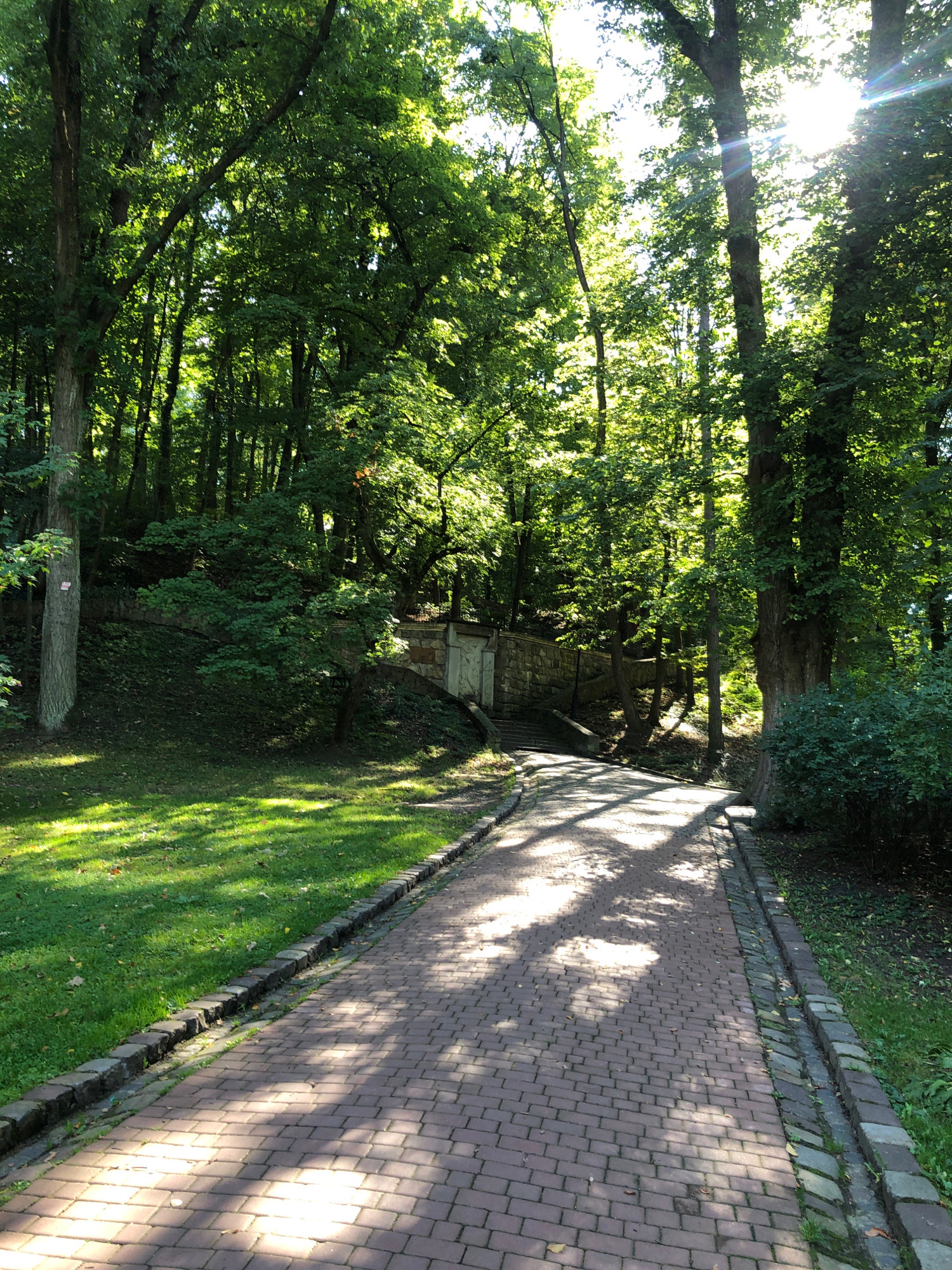 The image shows a paved pathway in a park or wooded area. The pathway is made of red bricks and is bordered by a stone wall on one side and a grassy area on the other. Sunlight filters through the trees, creating a dappled pattern on the path. In the background, there are steps leading up to a stone structure, possibly an entrance or a decorative element. The trees are lush and green, suggesting a warm season. The scene appears to be a peaceful and scenic location. This location is likely in the Lviv National Nature Park, Ukraine.
