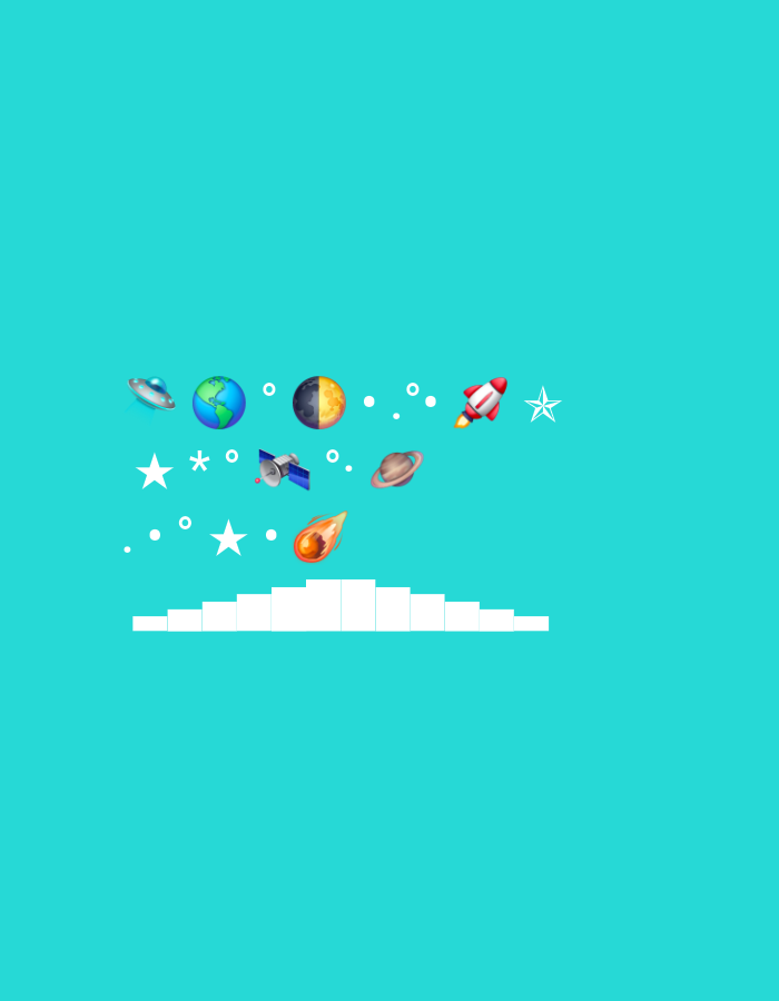 The image is a digital illustration with a turquoise background. It features several space-themed emojis and shapes scattered across the upper portion of the frame, including a UFO, planet Earth, a crescent moon, a rocket ship, stars, a satellite, Saturn, and a meteor. Below these elements, a series of white, geometric shapes form a layered horizontal band, resembling a stylized landscape or cityscape. The image does not depict any specific location in Natal'ino, Russia, nor does it contain any people or actions.