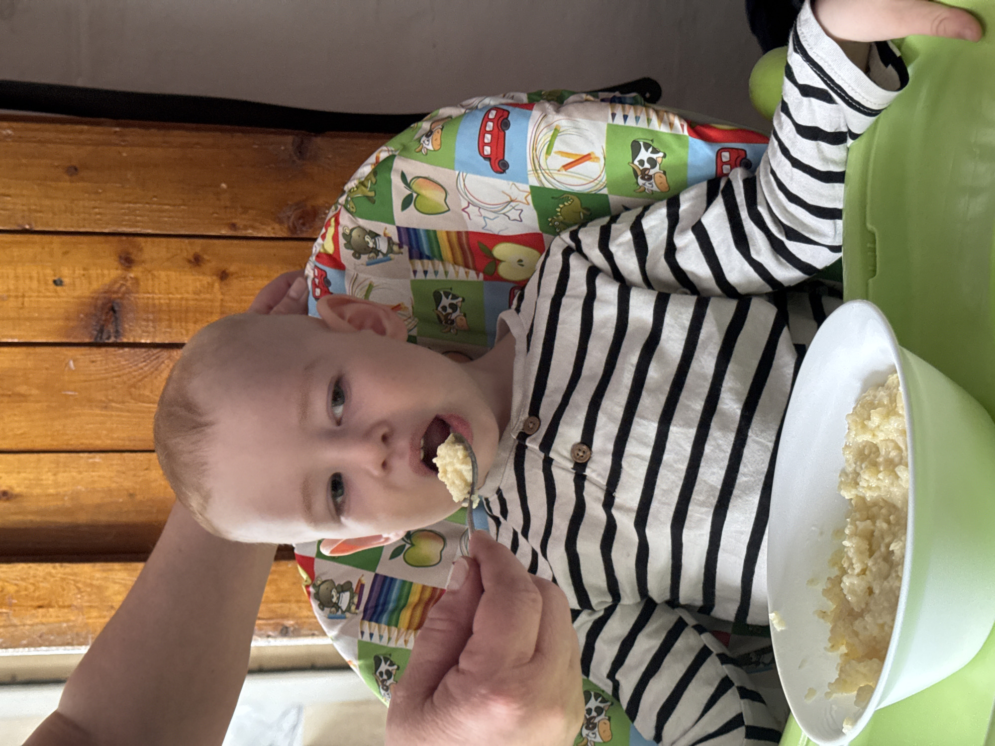 A young, fair-skinned child with light hair is seated in a green high chair. The child is wearing a striped black and white long-sleeved shirt. The child is in the act of being fed with a spoon containing a yellowish food. A white bowl filled with more of the same food is positioned to the child's right. An adult's hand is visible, holding the spoon. The high chair's backrest is covered in a colorful fabric featuring images of animals, fruits, and vehicles on a grid pattern. The background includes a wooden wall, a partially visible window. The location is potentially the city of Уральское, Russia.